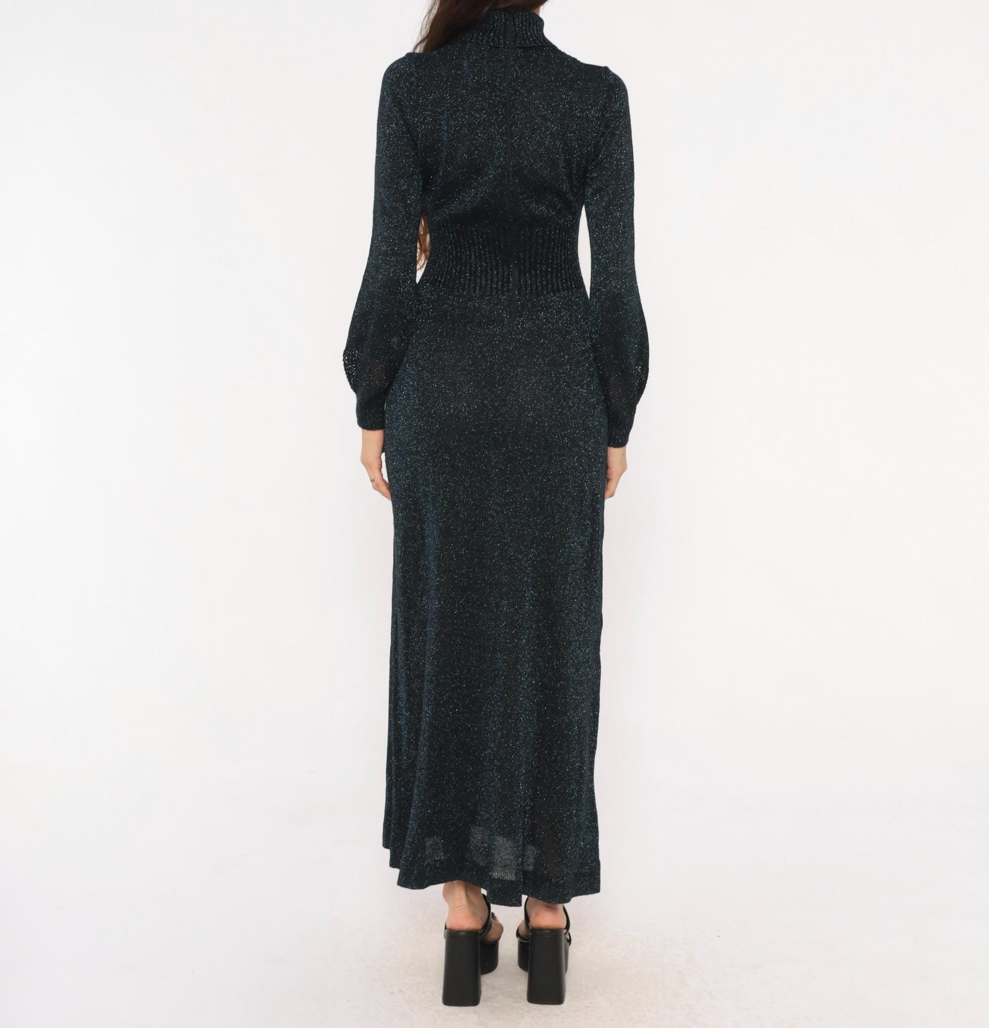 70s Wenjilli Navy Lurex Knit Maxi Dress Metallic Chevron Panel Bishop Sleeve Small