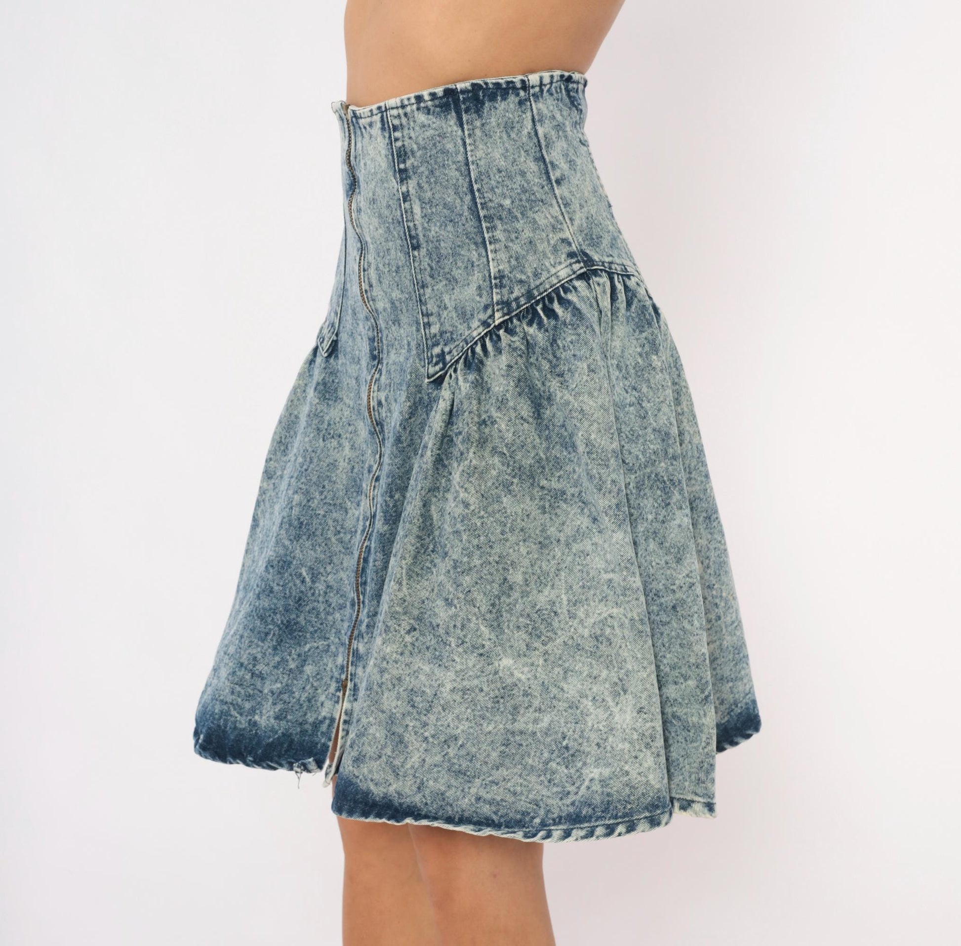 90s Weathered Blues Acid Wash Denim Skirt High Waist A-Line Small S