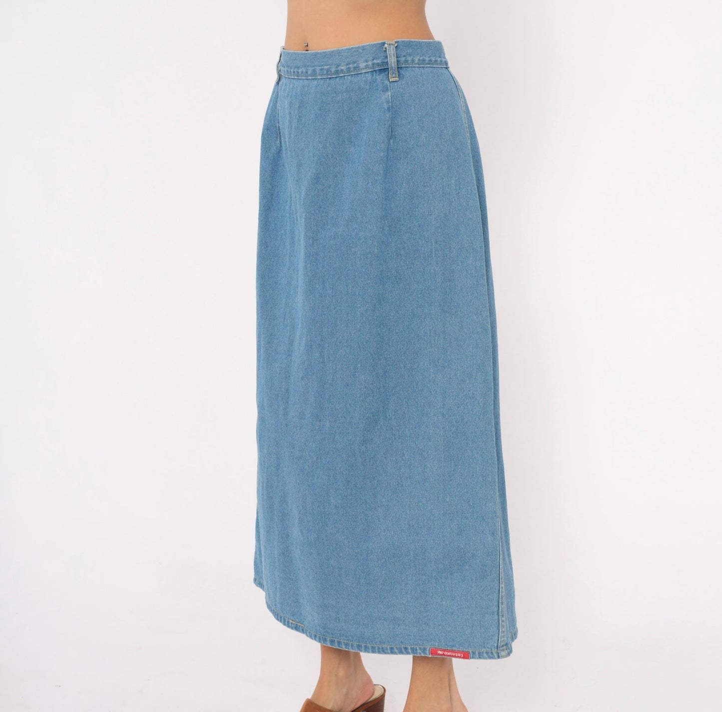90s No Excuses Denim Maxi Skirt Light Blue A-Line High Waist Cotton Large L