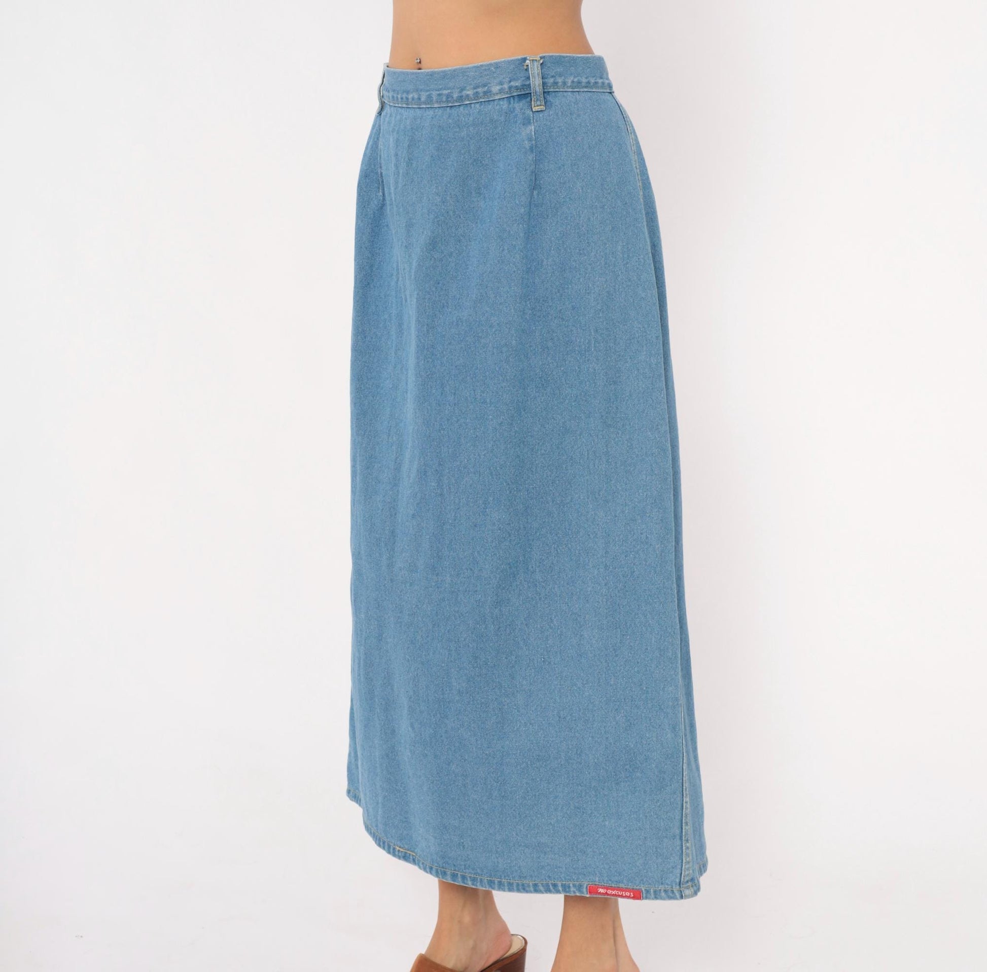 90s No Excuses Denim Maxi Skirt Light Blue A-Line High Waist Cotton Large L