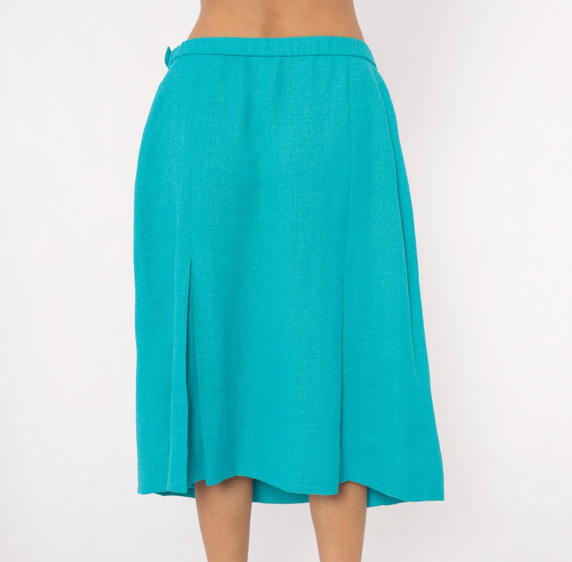 80s Teal Box Pleat Midi Skirt Turquoise A-Line Waistband Zip Large L