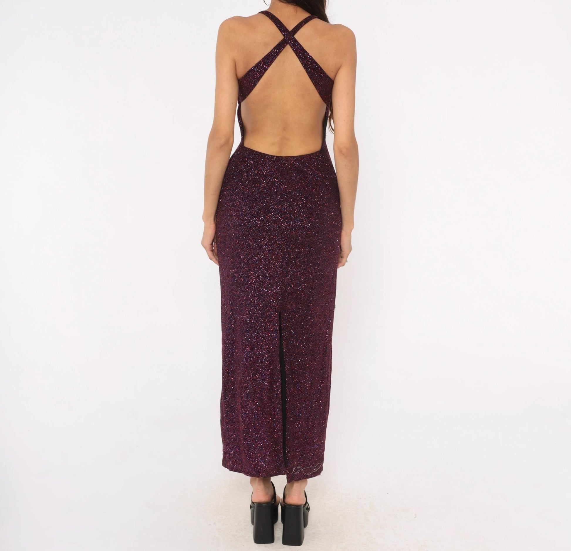 90s Jump Glitter Halter Maxi Dress Plum Purple Open Back Small S