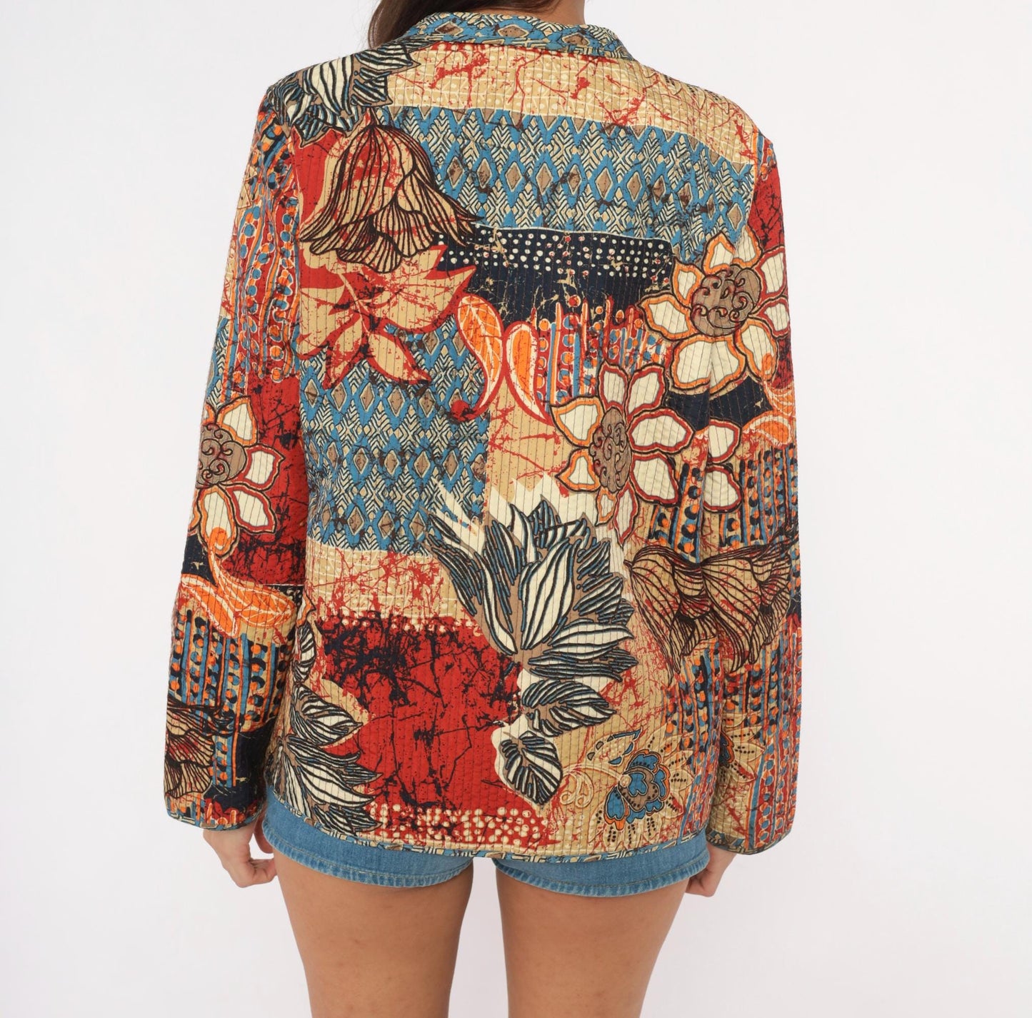 2000s Alfred Dunner Batik Patchwork Quilted Blazer Navy Red Orange Small