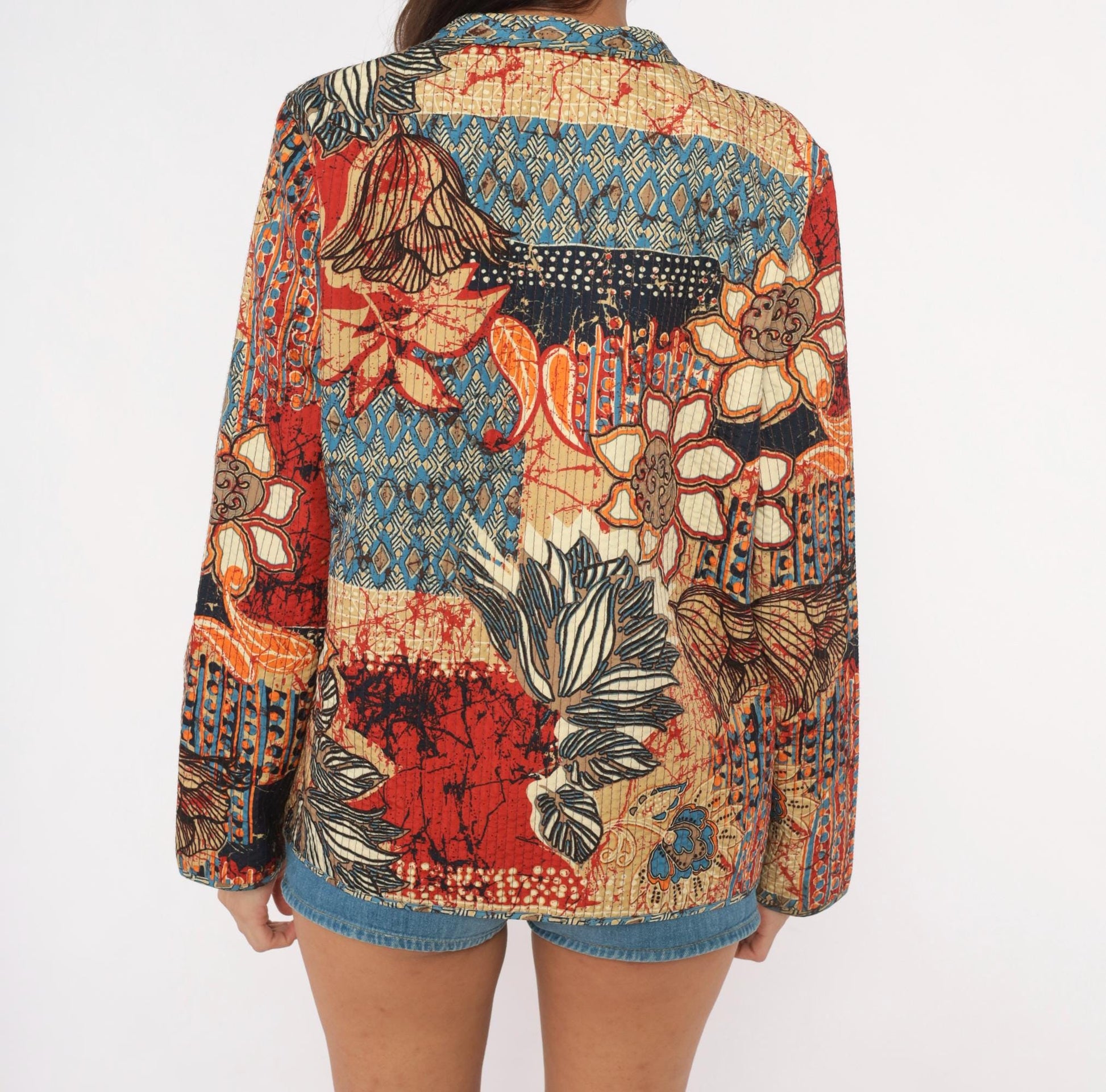 2000s Alfred Dunner Batik Patchwork Quilted Blazer Navy Red Orange Small
