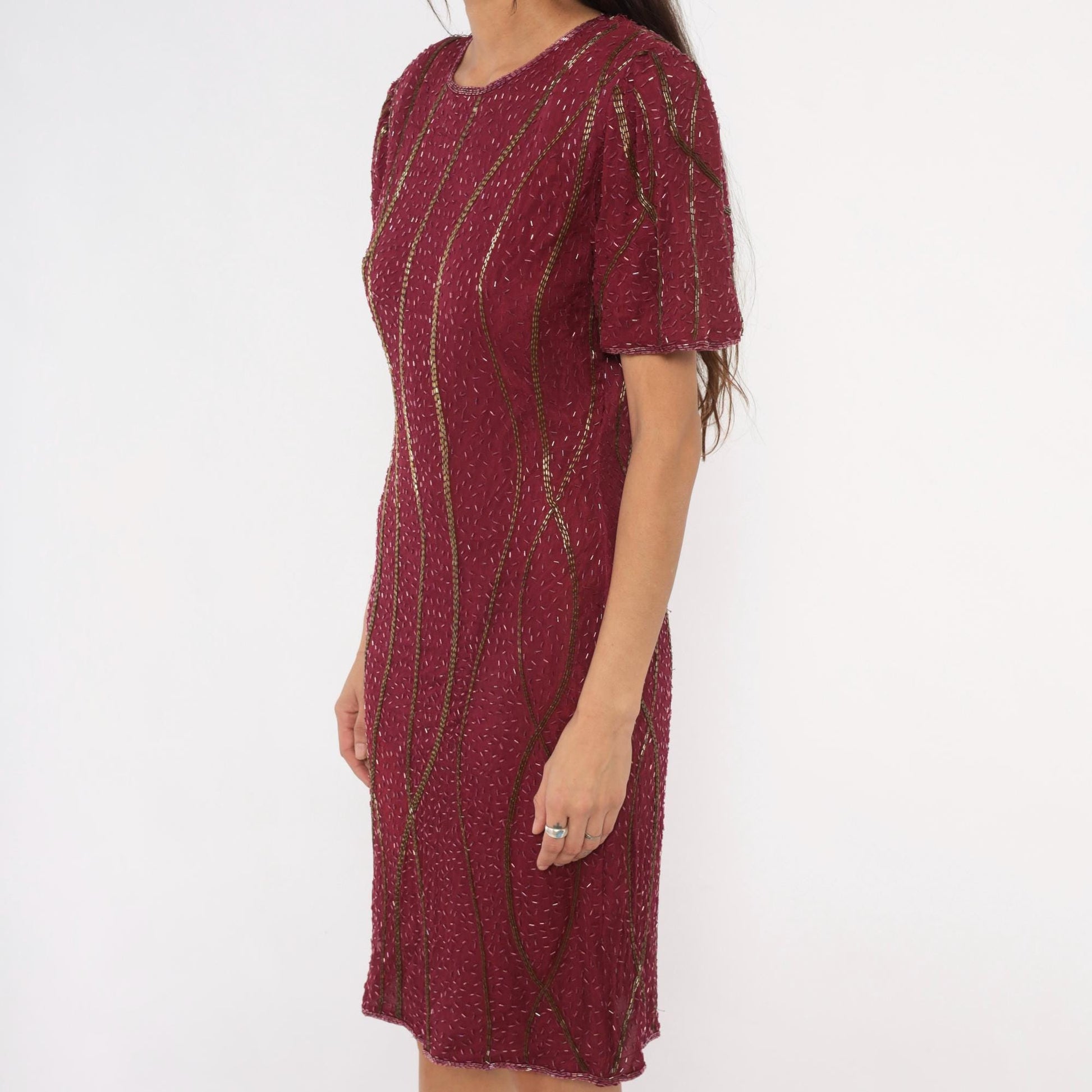 80s Sweelo Burgundy Beaded Dress Gold Bugle Bead Stripes Knee-Length Medium