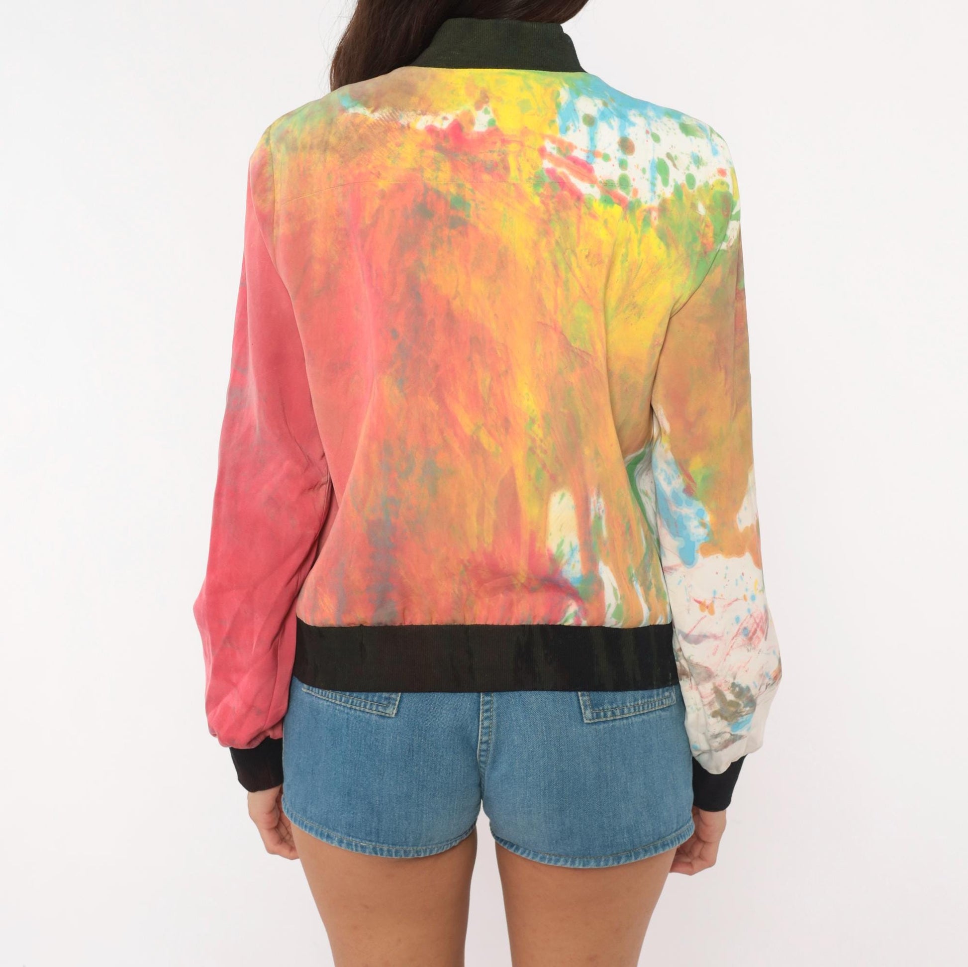 2000s Mural Paint Splatter Bomber Jacket Multicolor Abstract Zip Front Medium