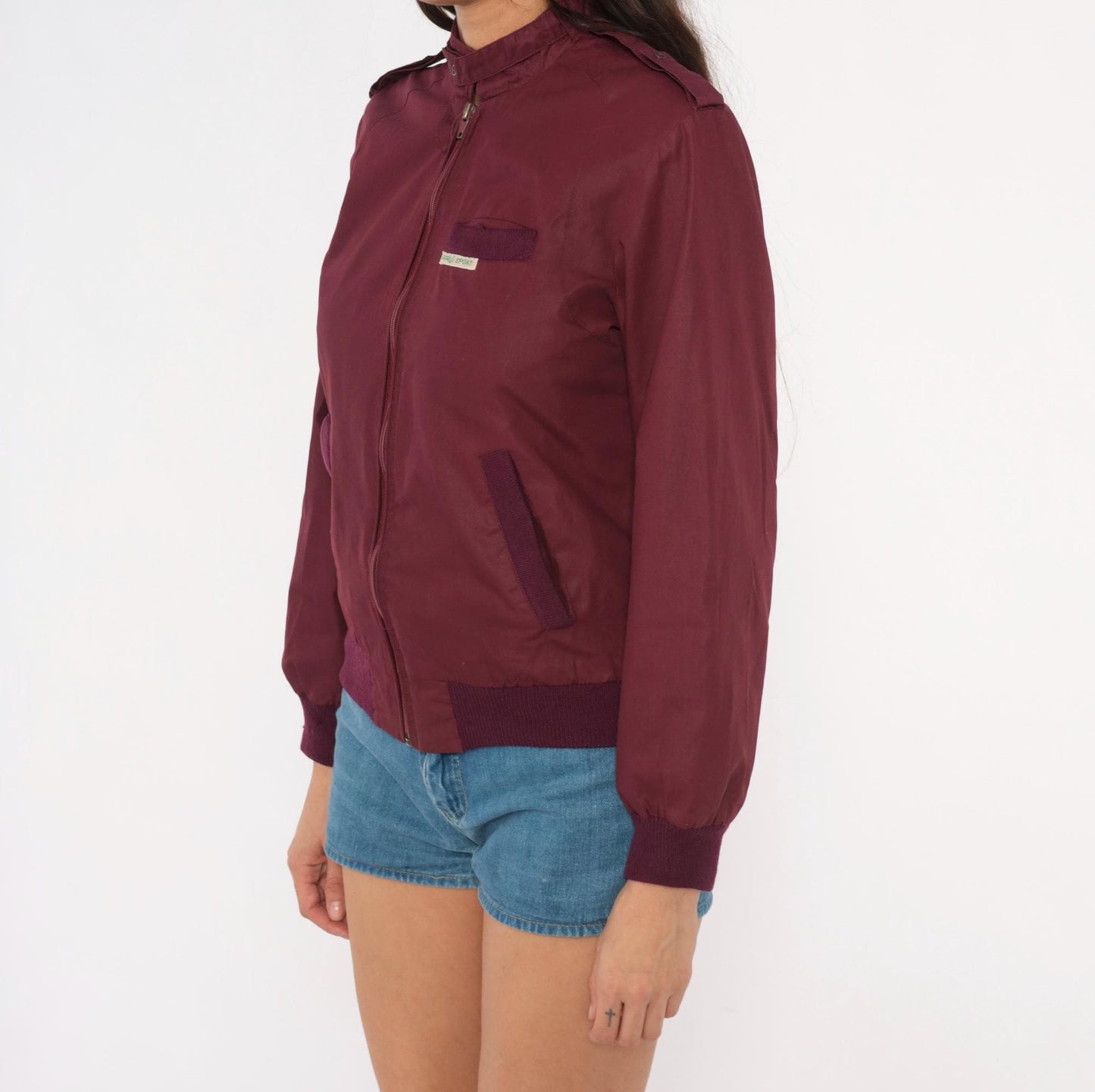 80s Coqui Sport Burgundy Bomber Jacket Ribbed Knit Epaulette Extra Small XS