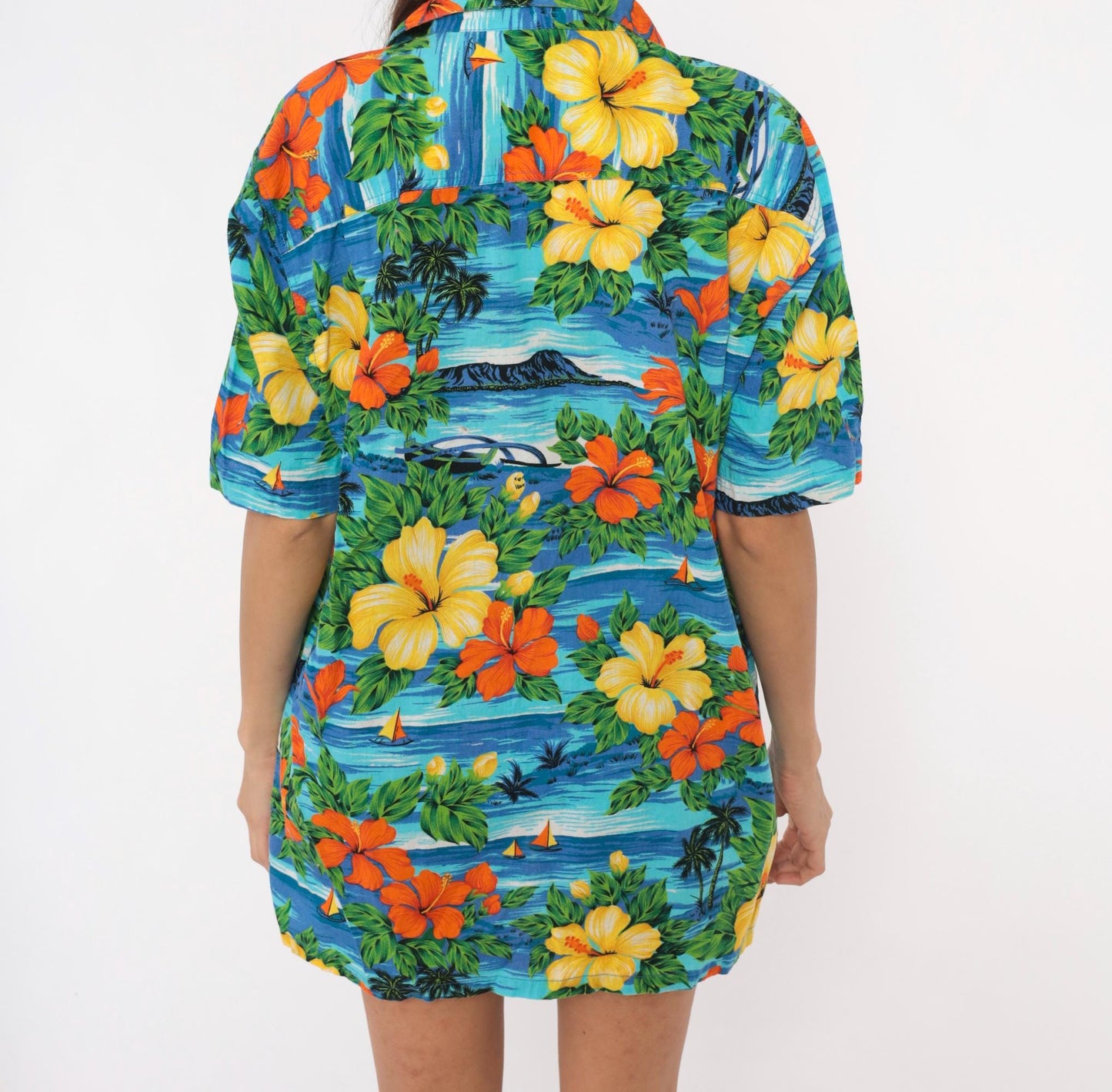 2000s Squish Wear Hawaiian Camp Collar Shirt Tropical Hibiscus Cotton Large L