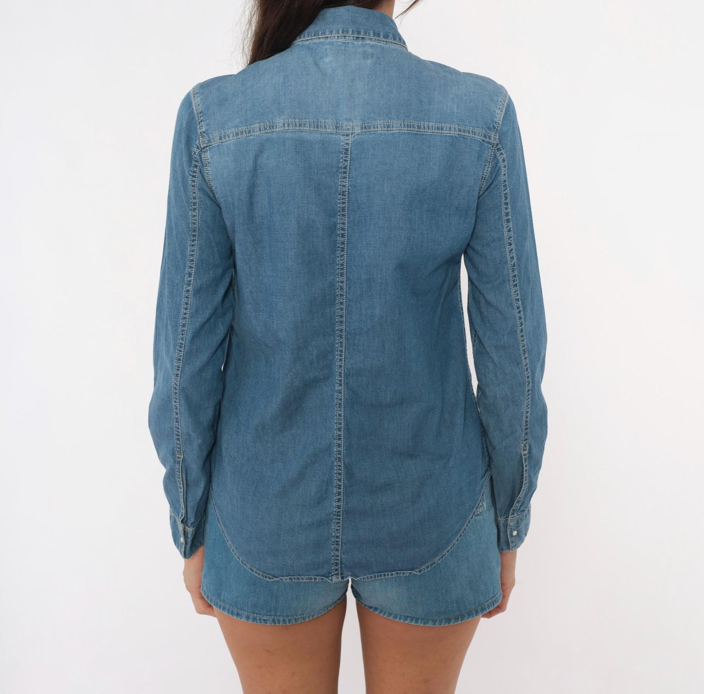 Calvin Klein Jeans Denim Shirt Western Snap Button Blue Chambray Small S