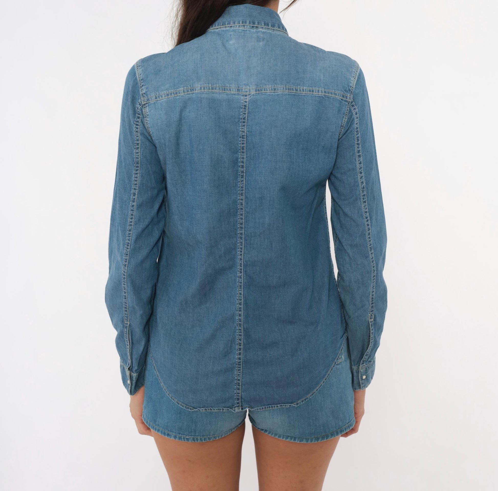 Calvin Klein Jeans Denim Shirt Western Snap Button Blue Chambray Small S