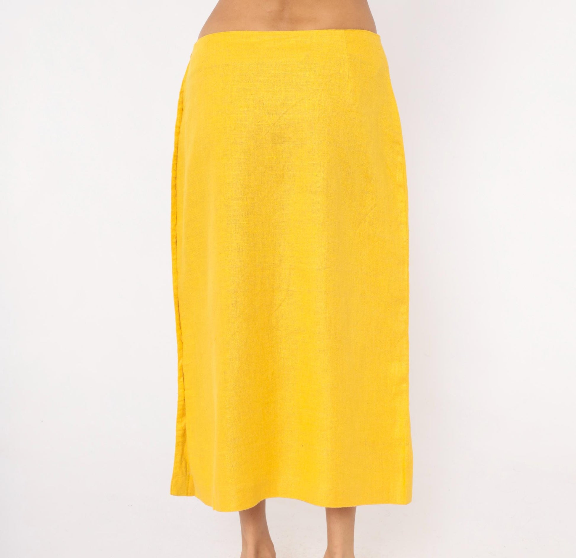 80s Ta. Whitney Linen Midi Skirt Golden Yellow A-Line Large L