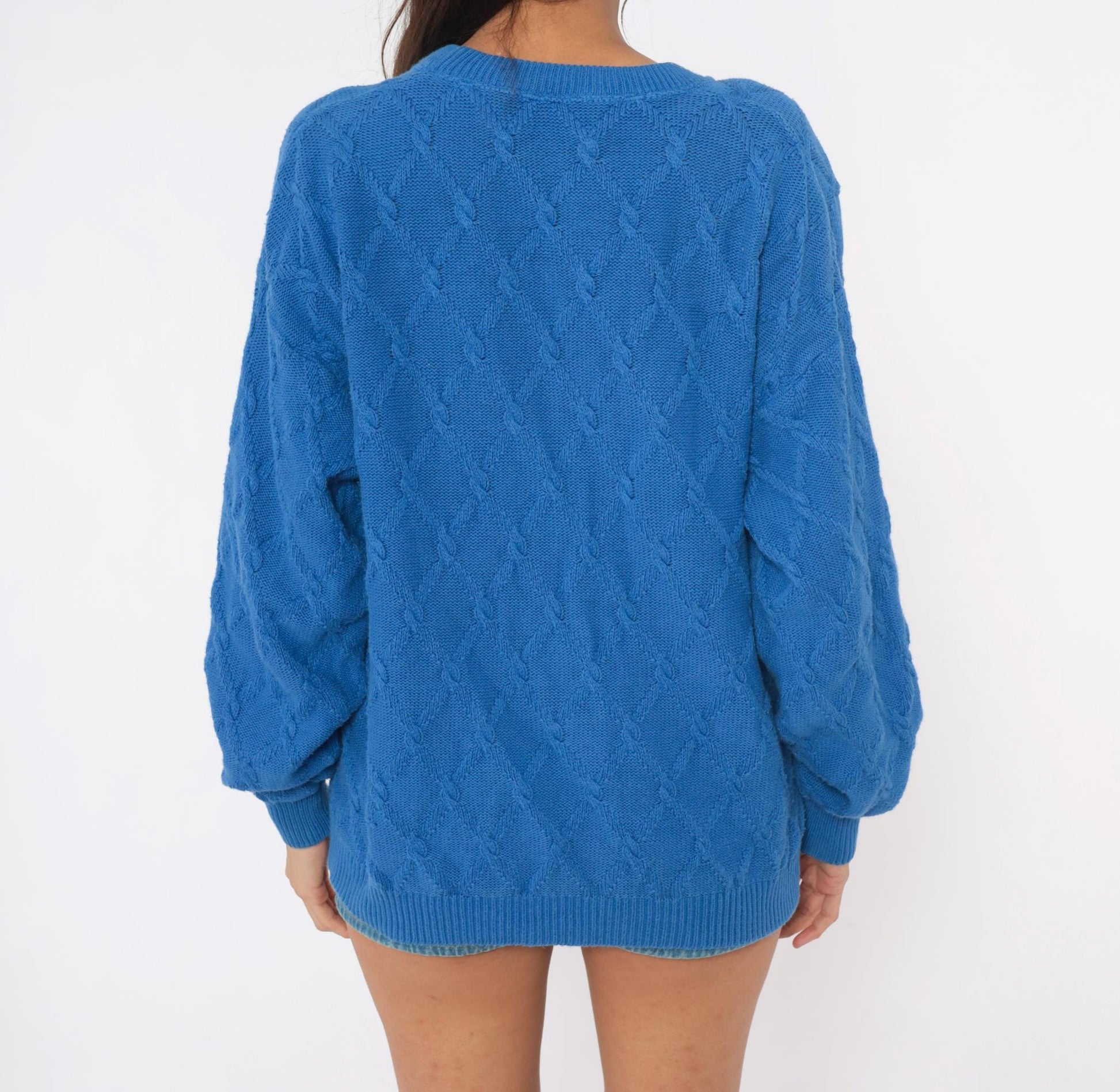 80s Pendleton Cable Knit Cardigan Blue Cotton V Neck Wooden Buttons Medium M