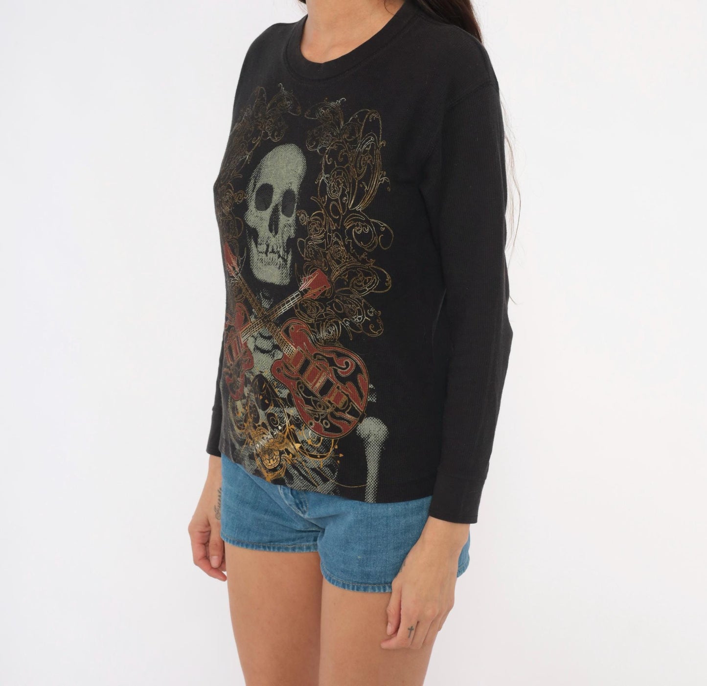 Y2K Skull Crossbones Guitar Long Sleeve Thermal Top Black Medium M