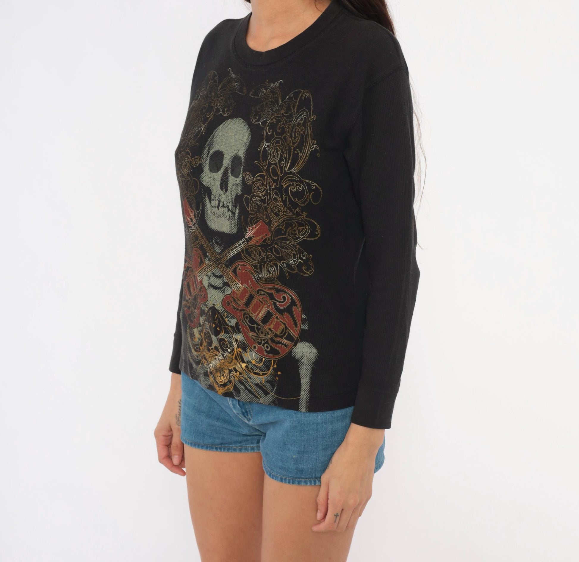 Y2K Skull Crossbones Guitar Long Sleeve Thermal Top Black Medium M