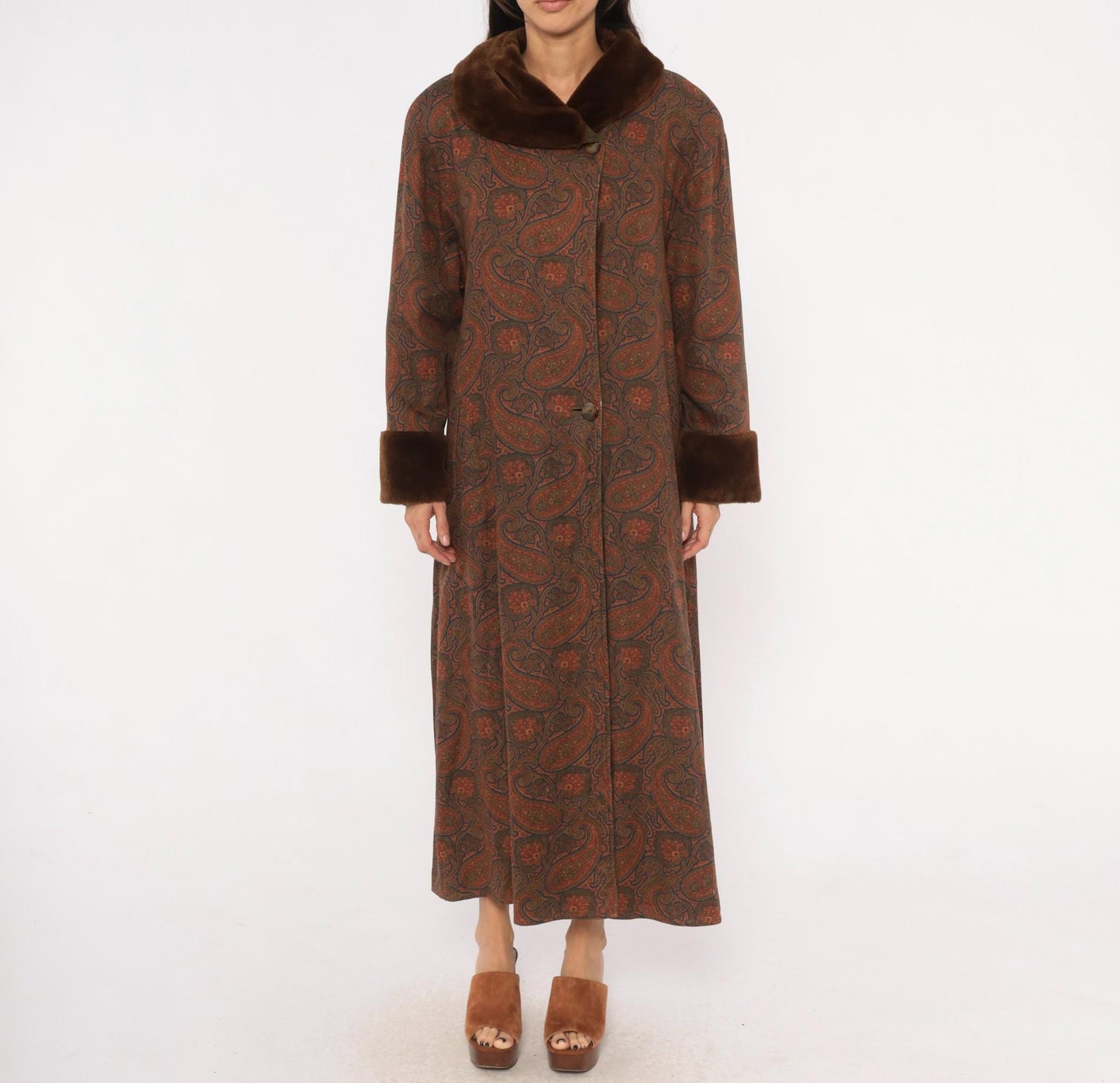 1970s Bill Blass Paisley Wool Maxi Coat Fur Collar Brown Olive Medium M