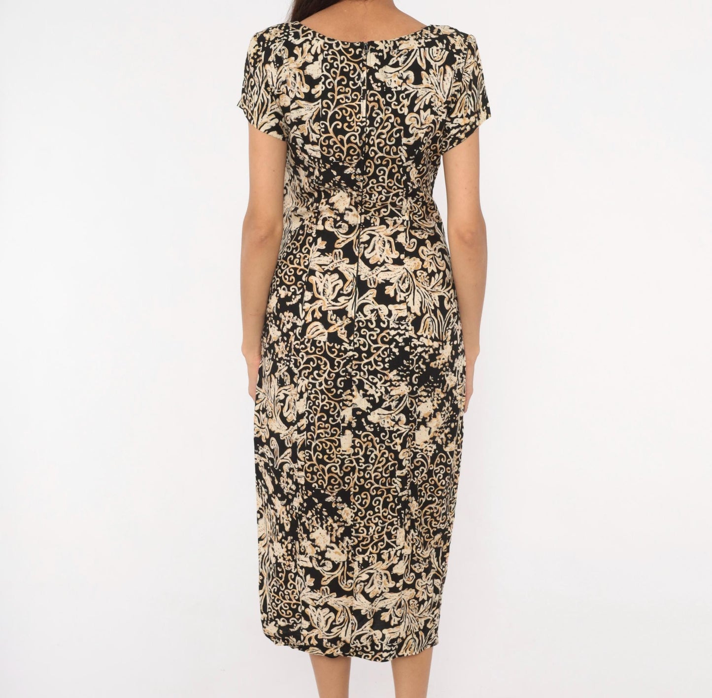 90s Jessica Howard Baroque Scroll Midi Dress Black Cream Floral Small