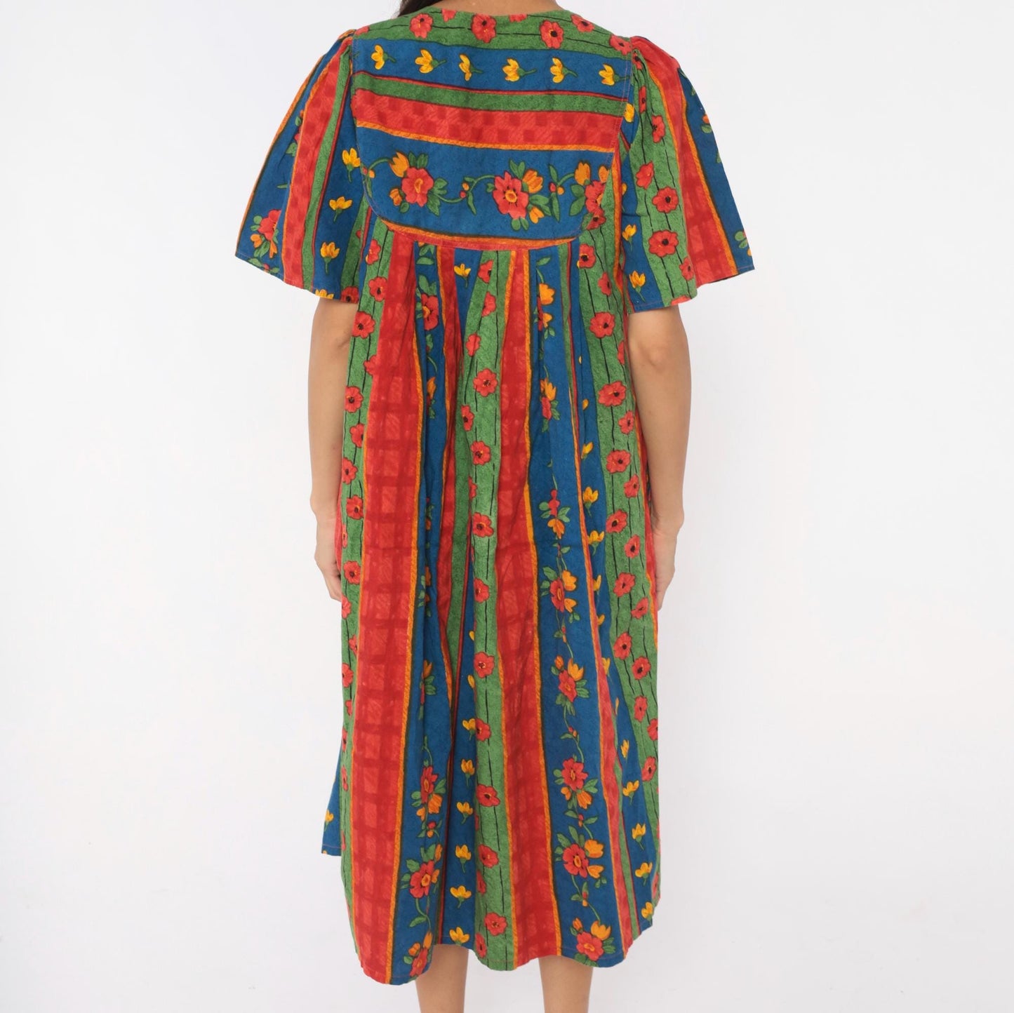 90s Floral Striped Cotton Empire Waist Dress Puff Sleeve Red Blue Green Medium