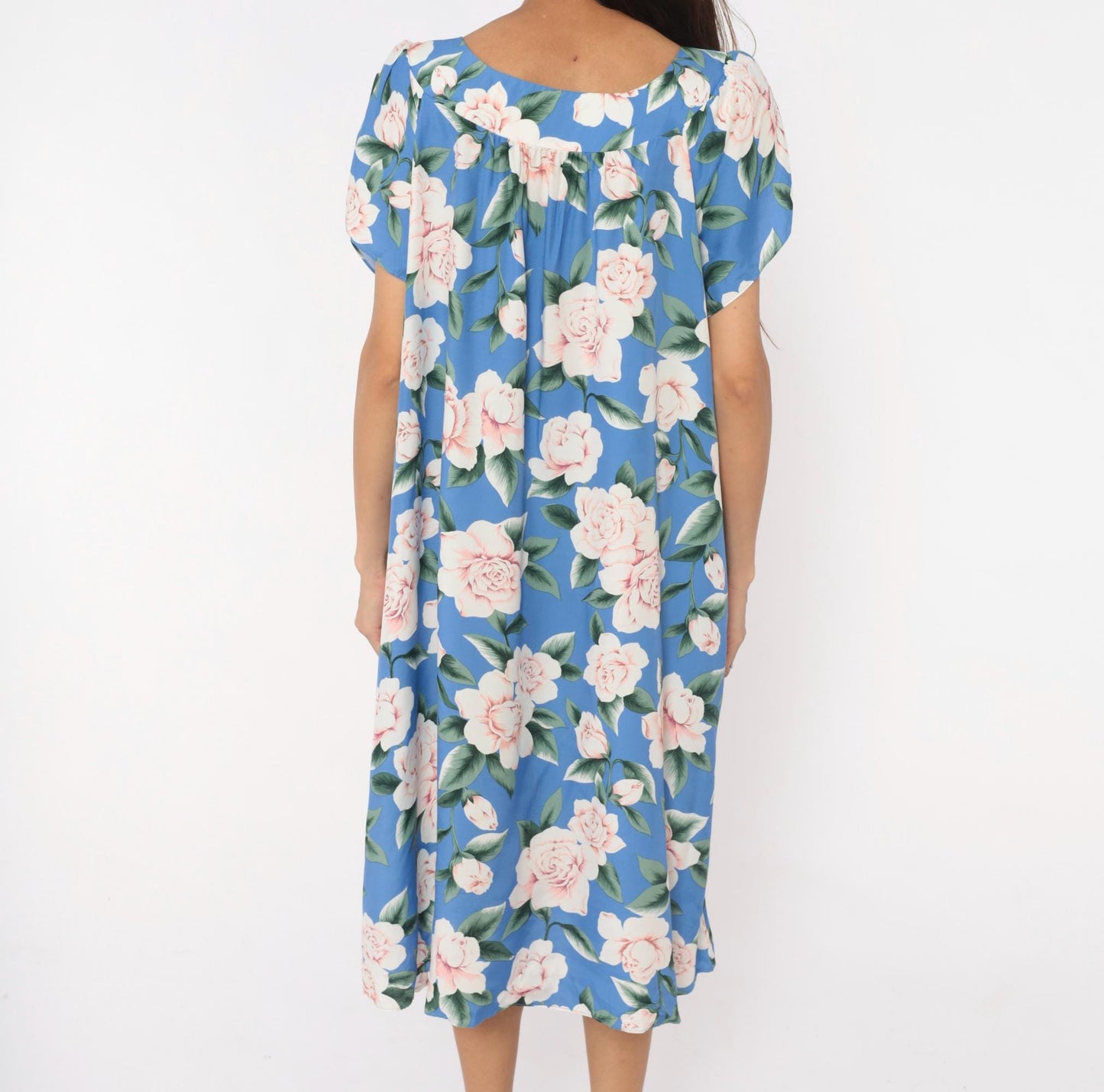 90s Paradise Bay Muumuu Midi Dress Blue Pink Rose Floral Puff Sleeve Large L
