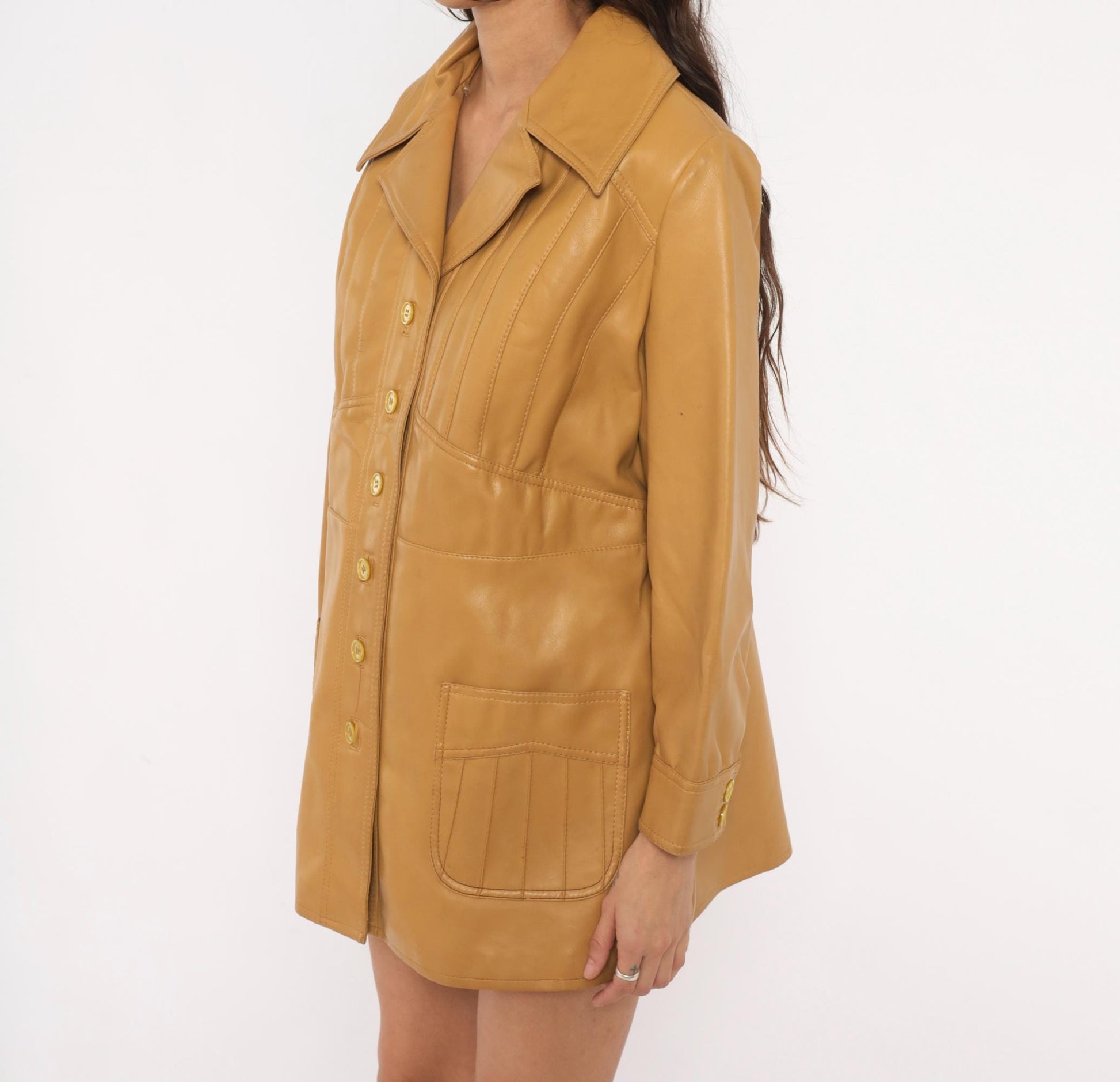 70s Mod-Maid Vinyl Coat Tan Button Front Notched Collar Mini Trench Large L