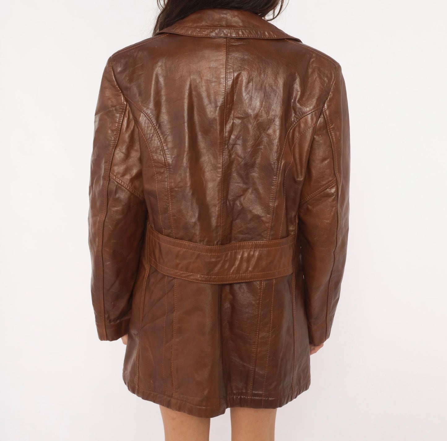 70s De Long Brown Leather Jacket Notched Lapel Belted Back Medium M