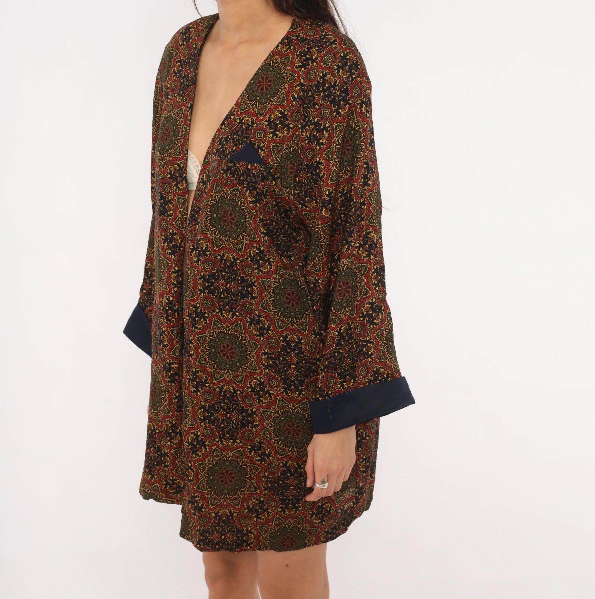 90s Medallion Tapestry Robe Kimono Navy Red Olive Gold Duster Large L