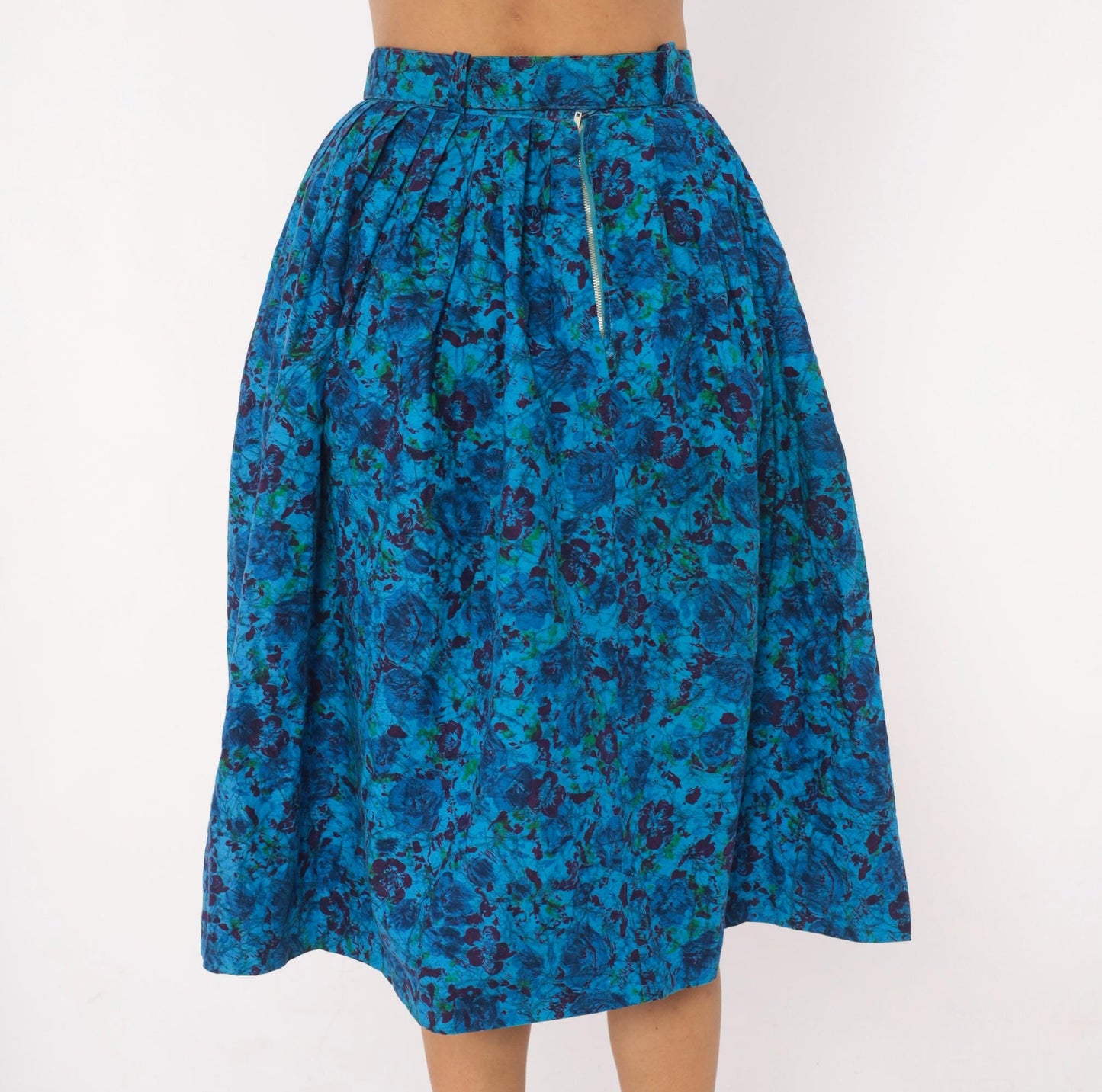 60s Batik Floral Pleated Skirt Cobalt Blue Purple Cotton High Waist Extra Small XS
