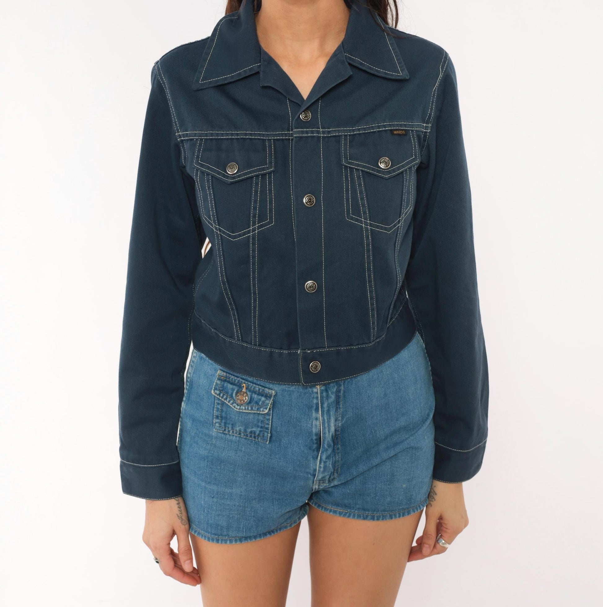 70s Montgomery Ward Cropped Trucker Jacket Navy Snap Front Pointed Collar XXS