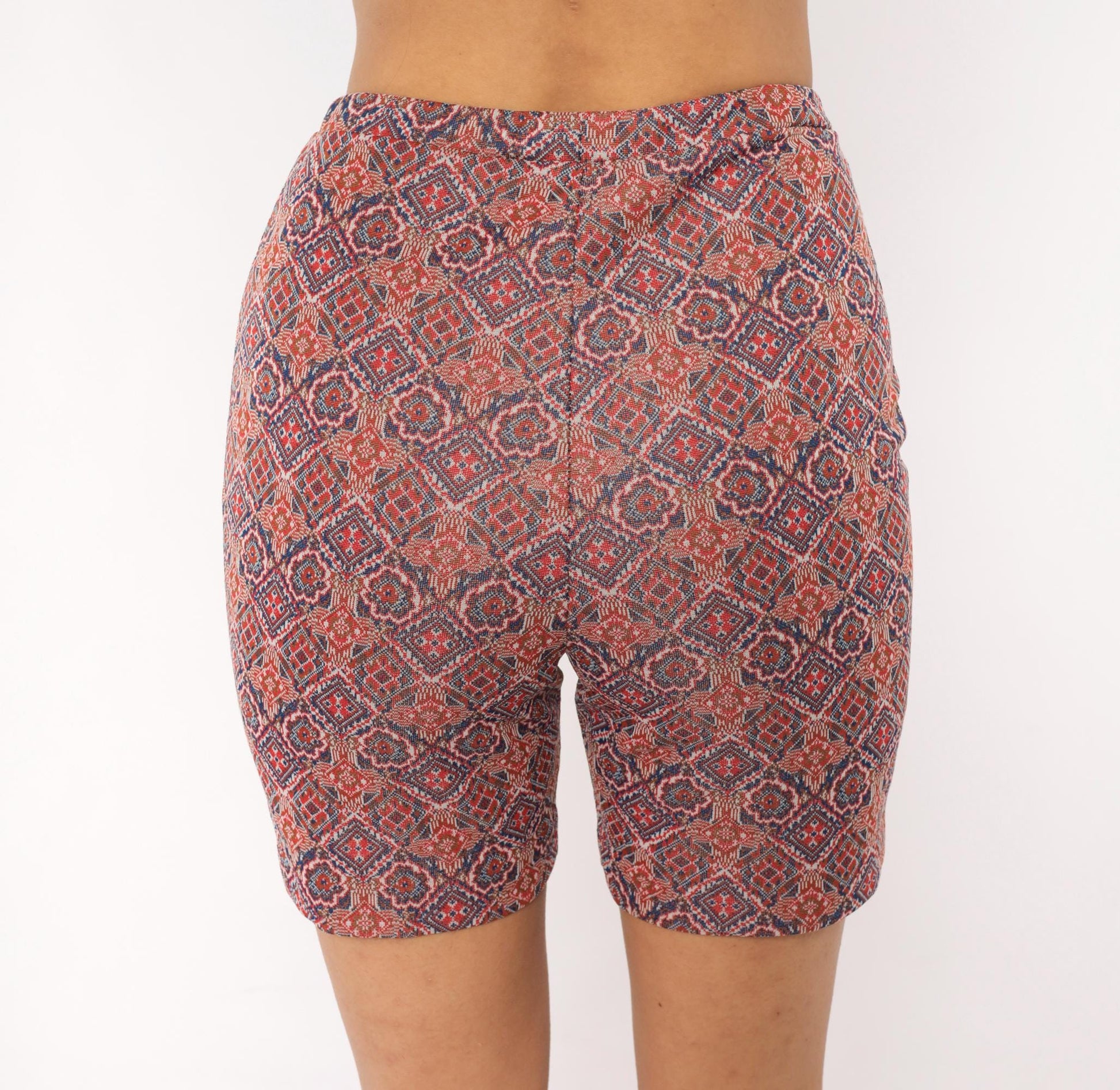 70s Geometric Diamond Medallion Tapestry Biker Shorts Red Navy High-Rise XS