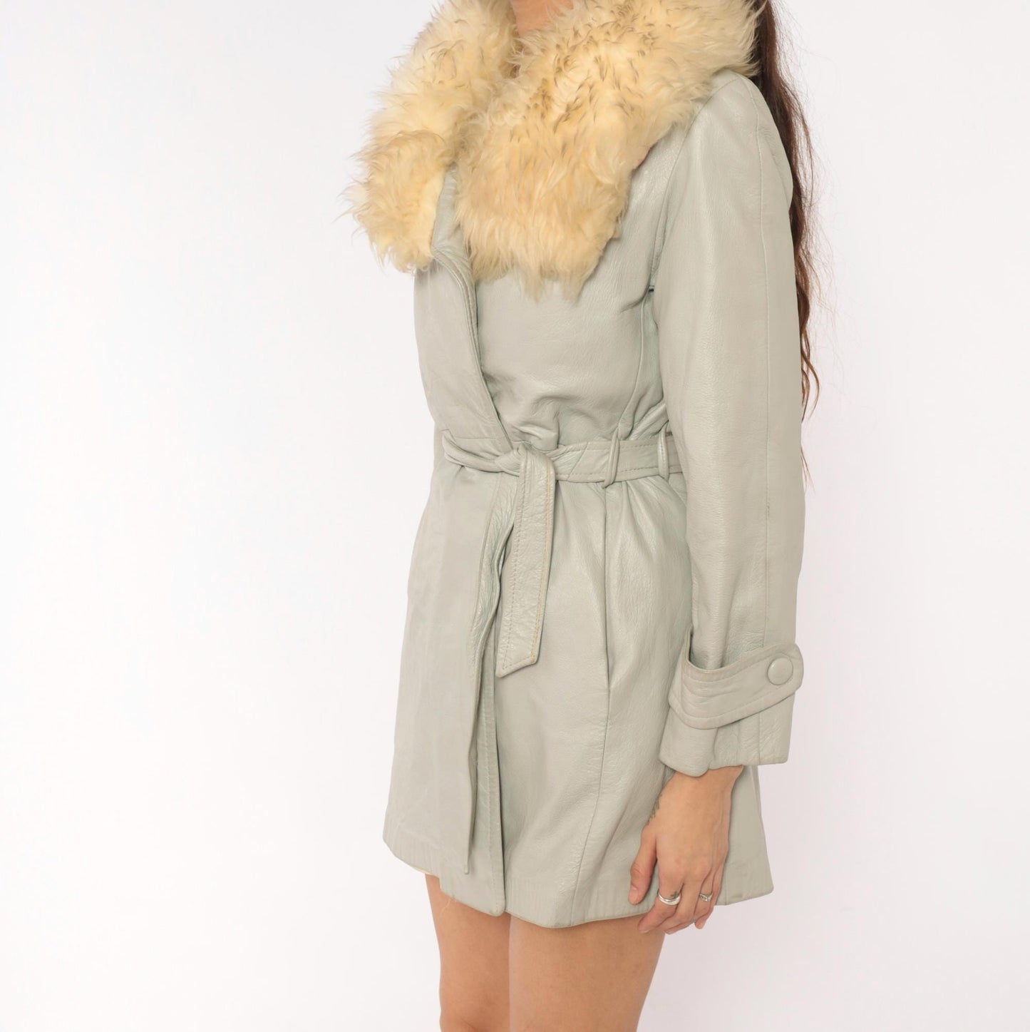 70s Grey Leather Coat Cream Fur Collar Belted Mini Jacket Small S