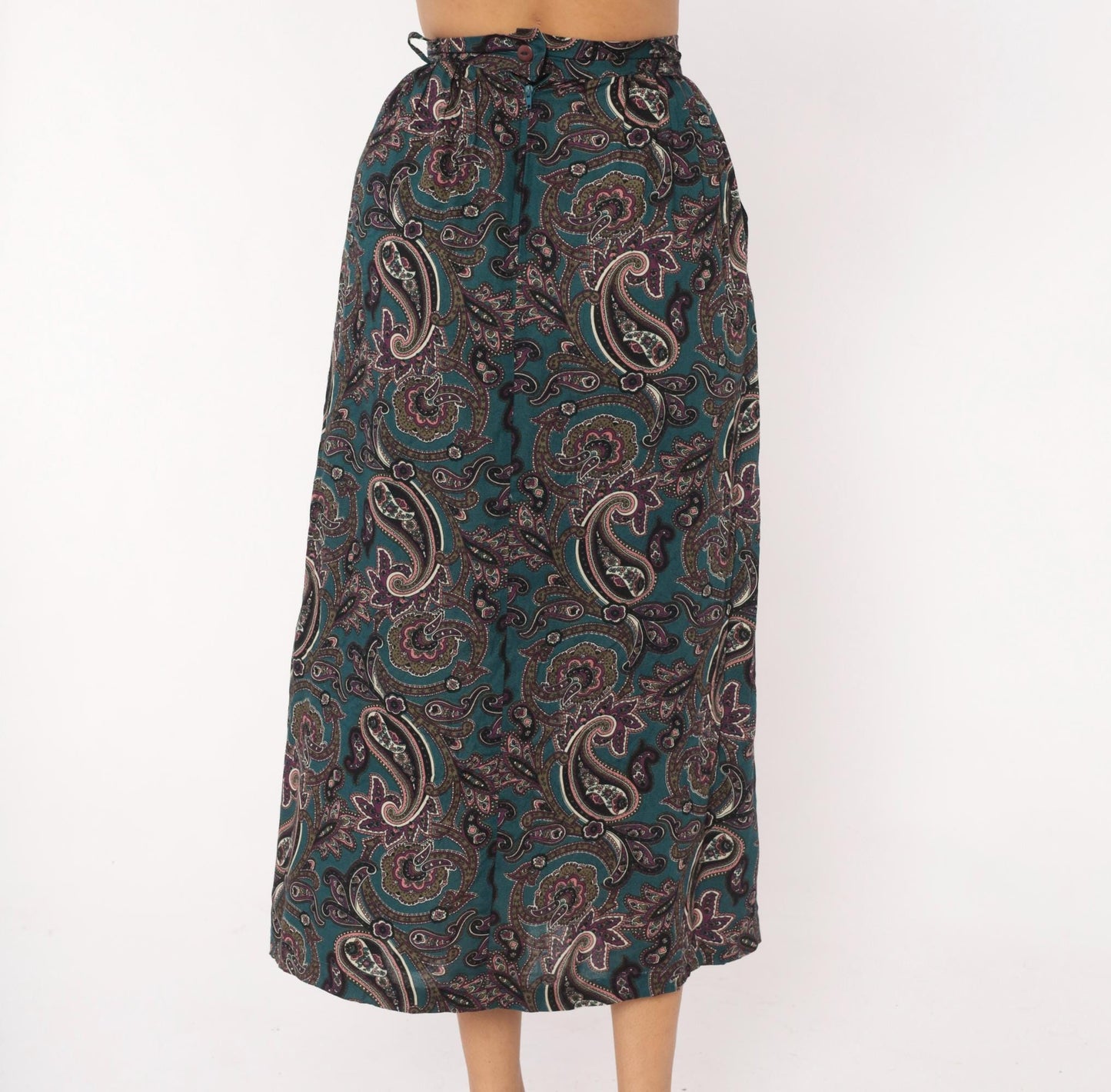 90s Words Paisley Pleated Midi Skirt Teal Pink Olive Extra Small XS