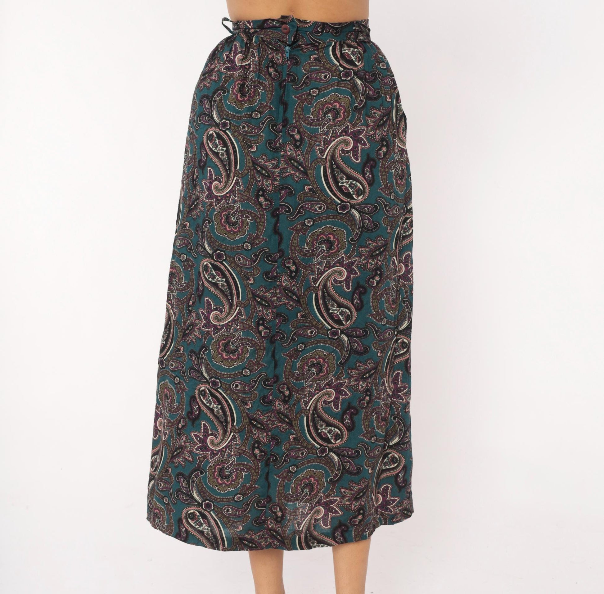 90s Words Paisley Pleated Midi Skirt Teal Pink Olive Extra Small XS