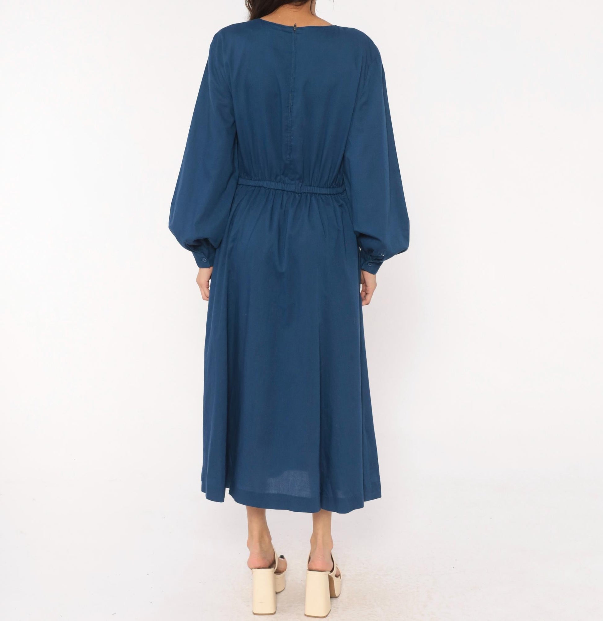80s Navy Cotton Midi Dress Balloon Sleeve Elastic Waist Small Medium