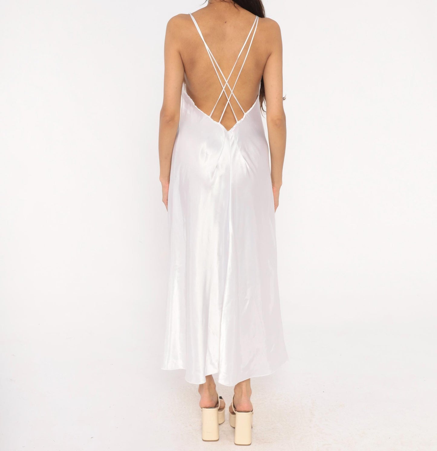 90s Just Flora White Satin Slip Dress Maxi Lace Panel Croquette Lingerie Large L