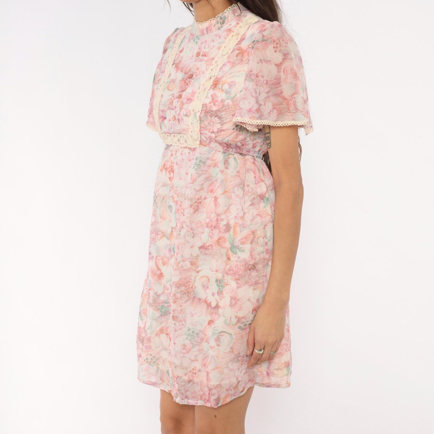 70s R.A.R. Pink Floral Mini Dress Puff Sleeve Crochet Bib Extra Small XS