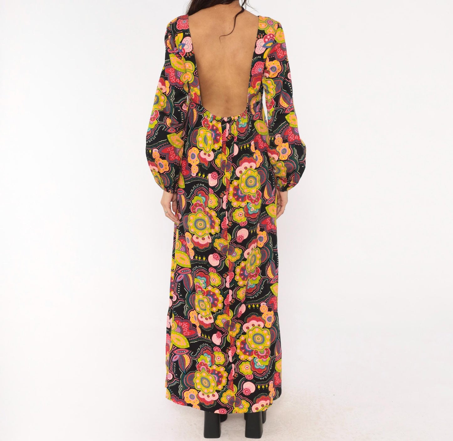 70s Psychedelic Floral Maxi Dress Black Pink Open Back Empire Waist Medium Large