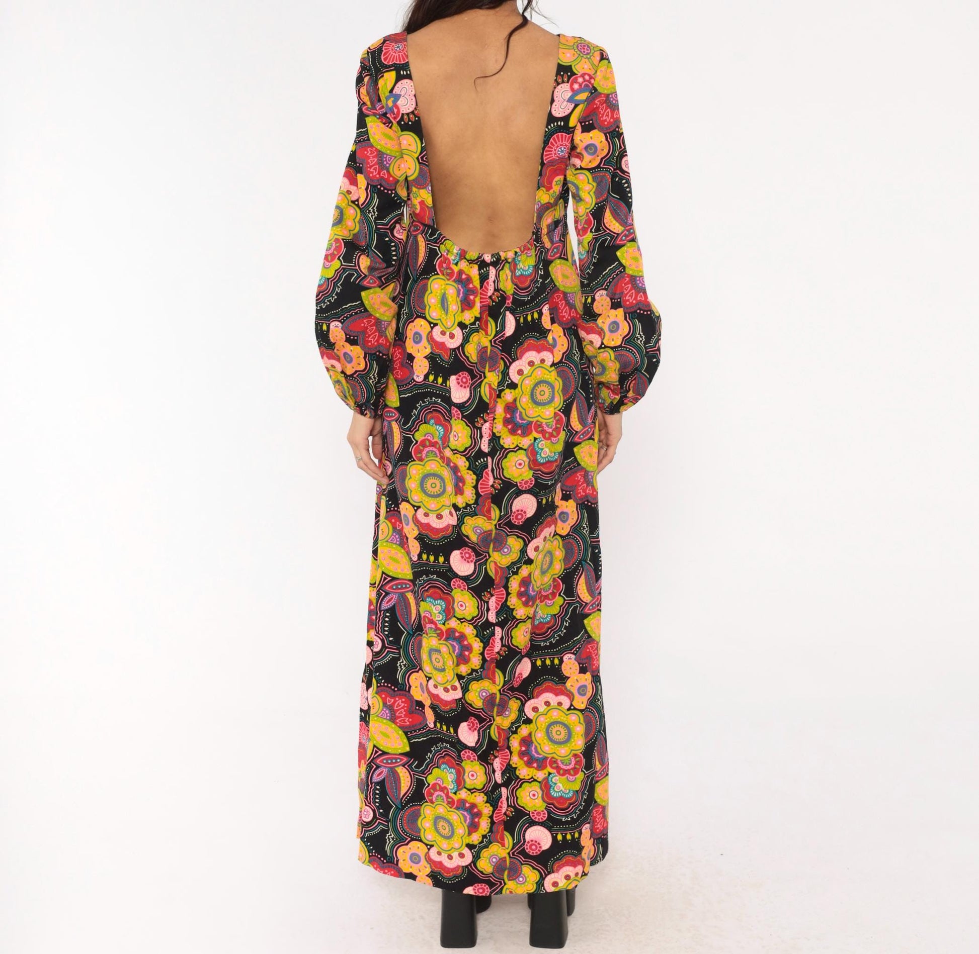 70s Psychedelic Floral Maxi Dress Black Pink Open Back Empire Waist Medium Large