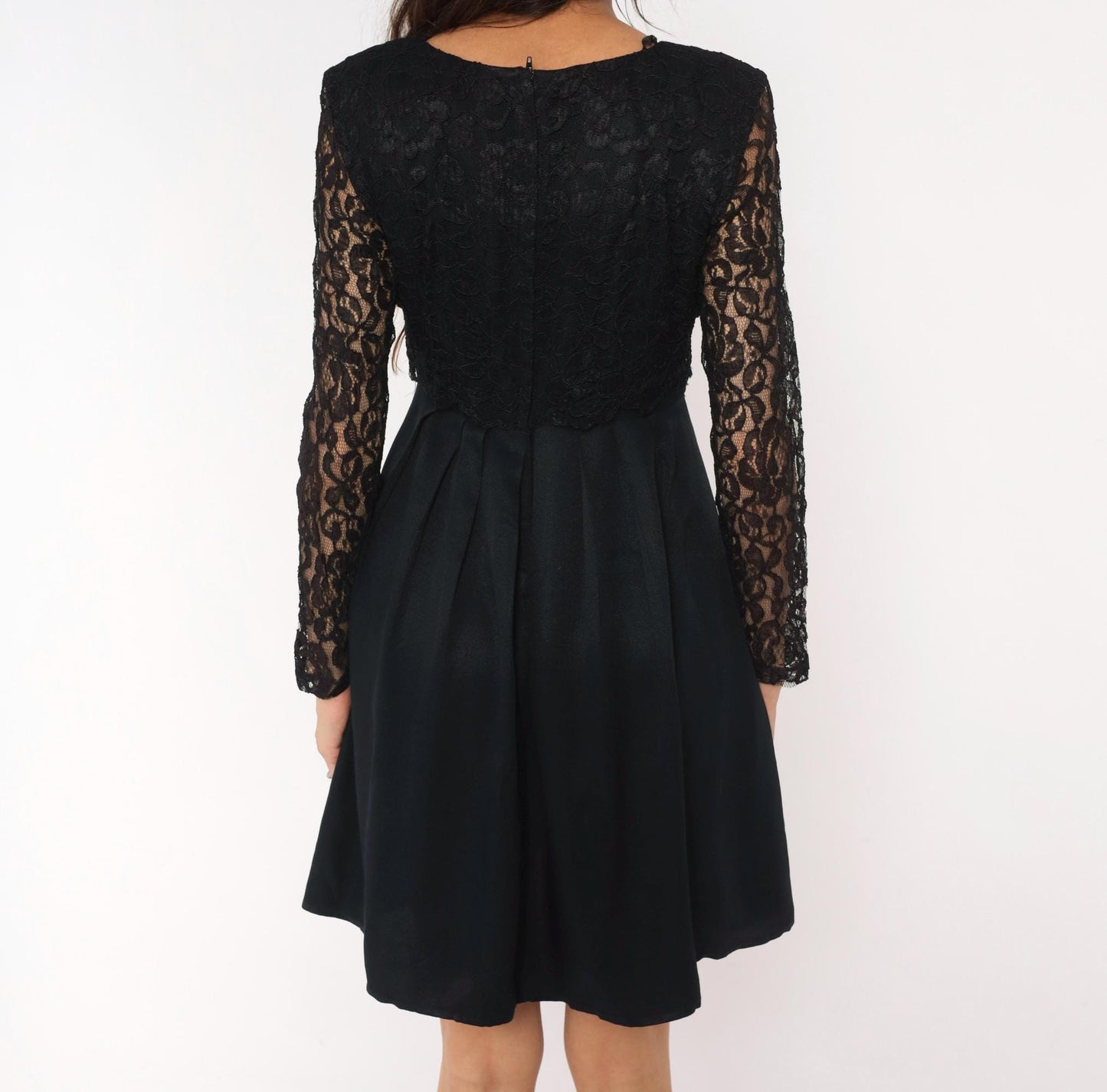 90s Black Lace Dress Floral Sheer Sleeves Pleated Knee-Length Small