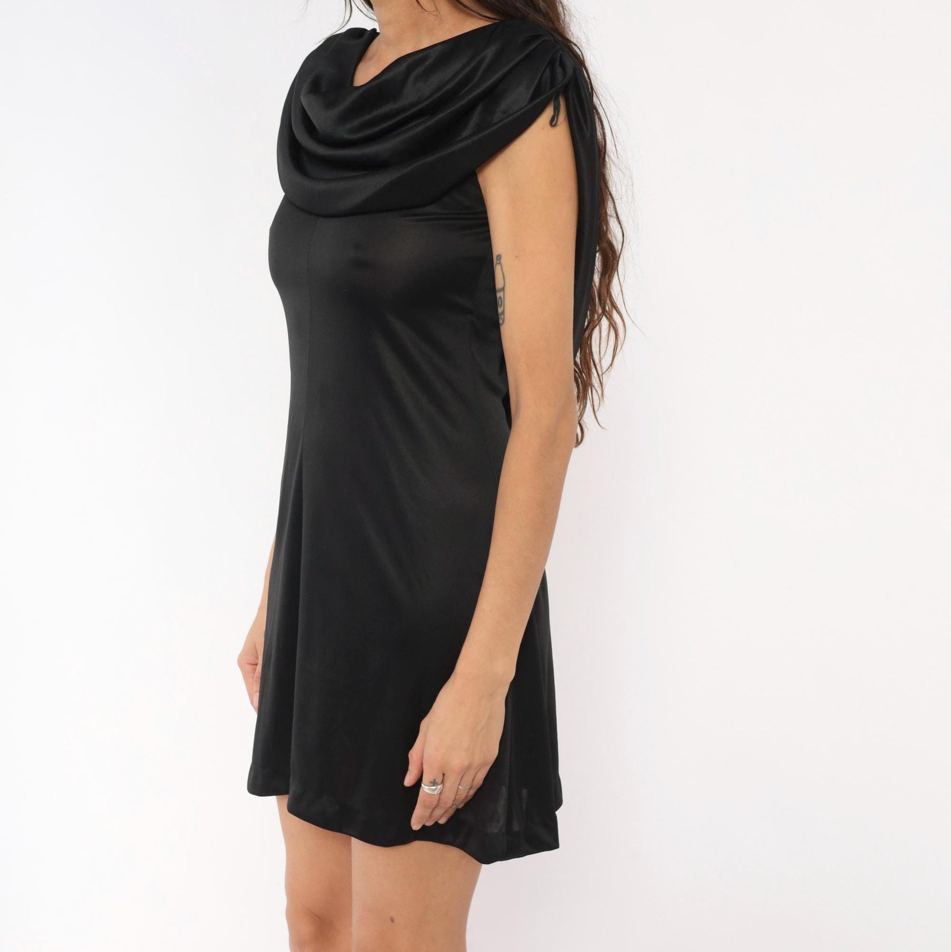 70s Diamond's Run Black Cowl Neck Mini Dress Open Back Small