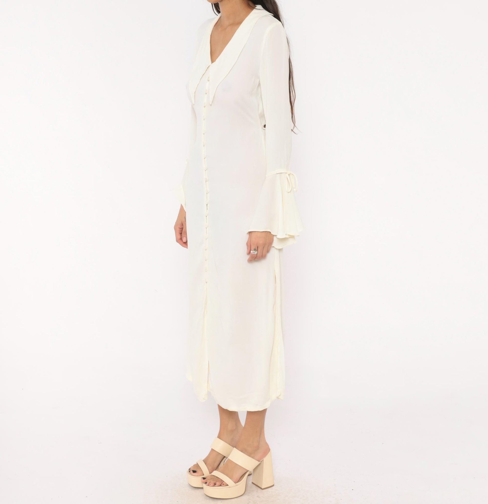 90s Joukar Cream Midi Dress Bell Sleeve V Neck Button Front Medium