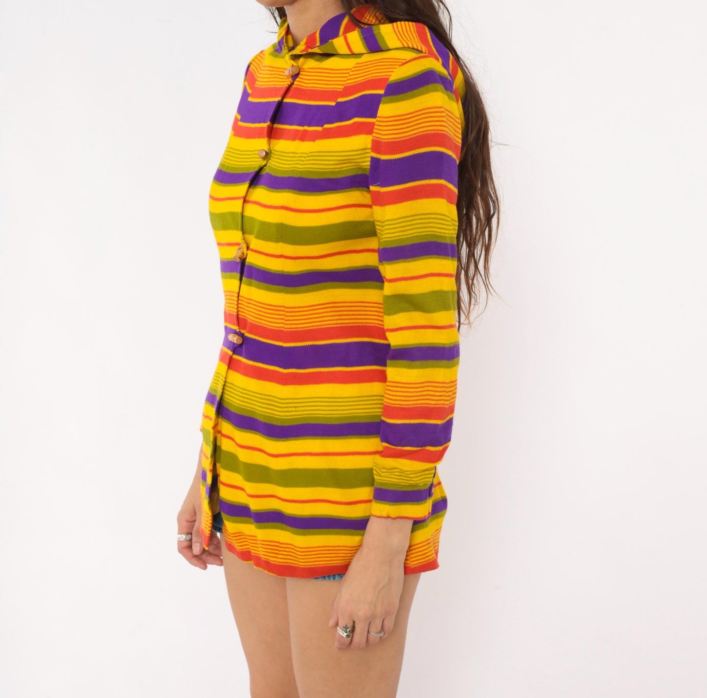70s Striped Hooded Jacket Multicolor Rainbow Button Front Extra Small