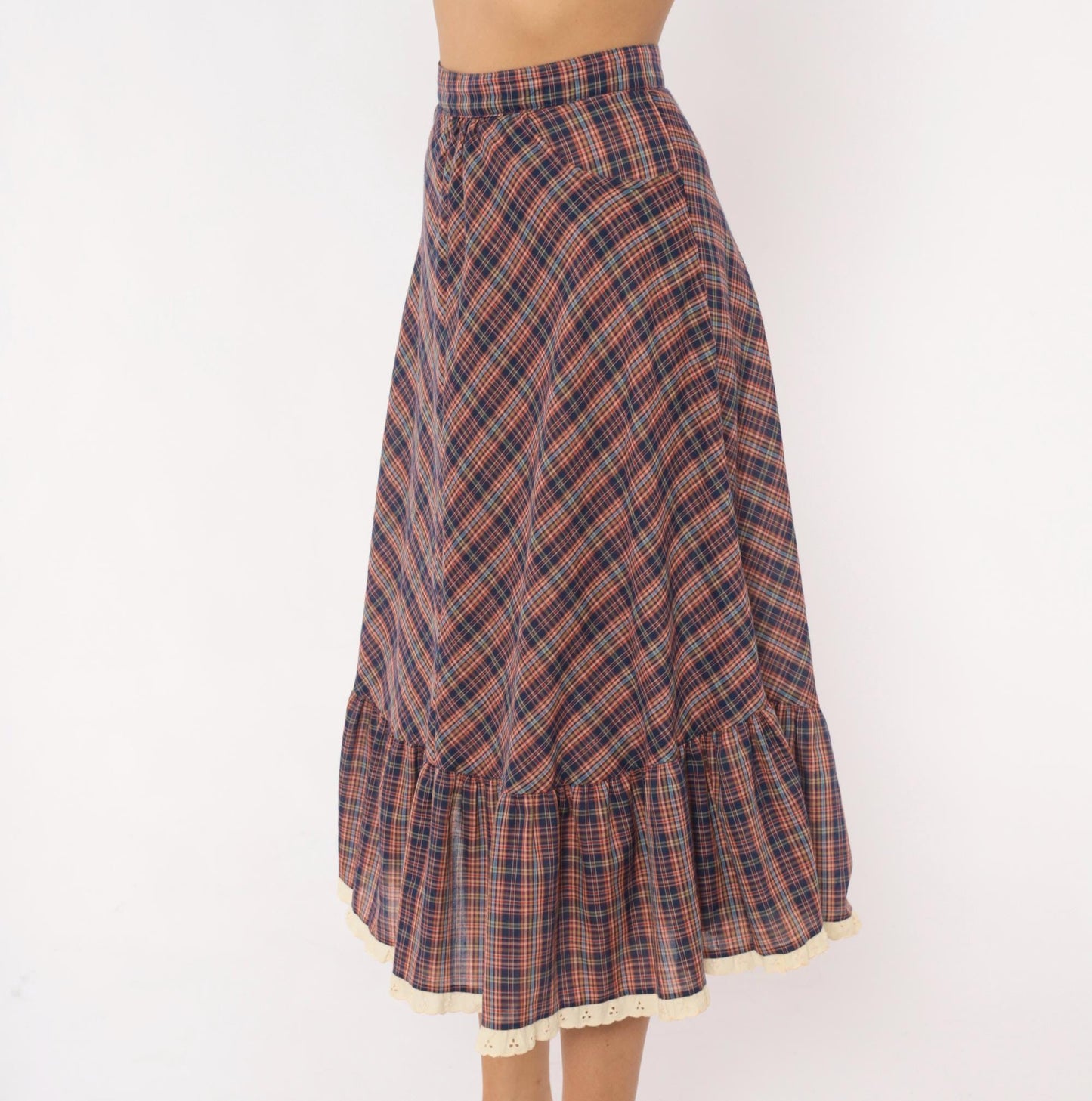 70s Judy Knapp Plaid A-Line Midi Skirt Red Navy Eyelet Lace Ruffle Small