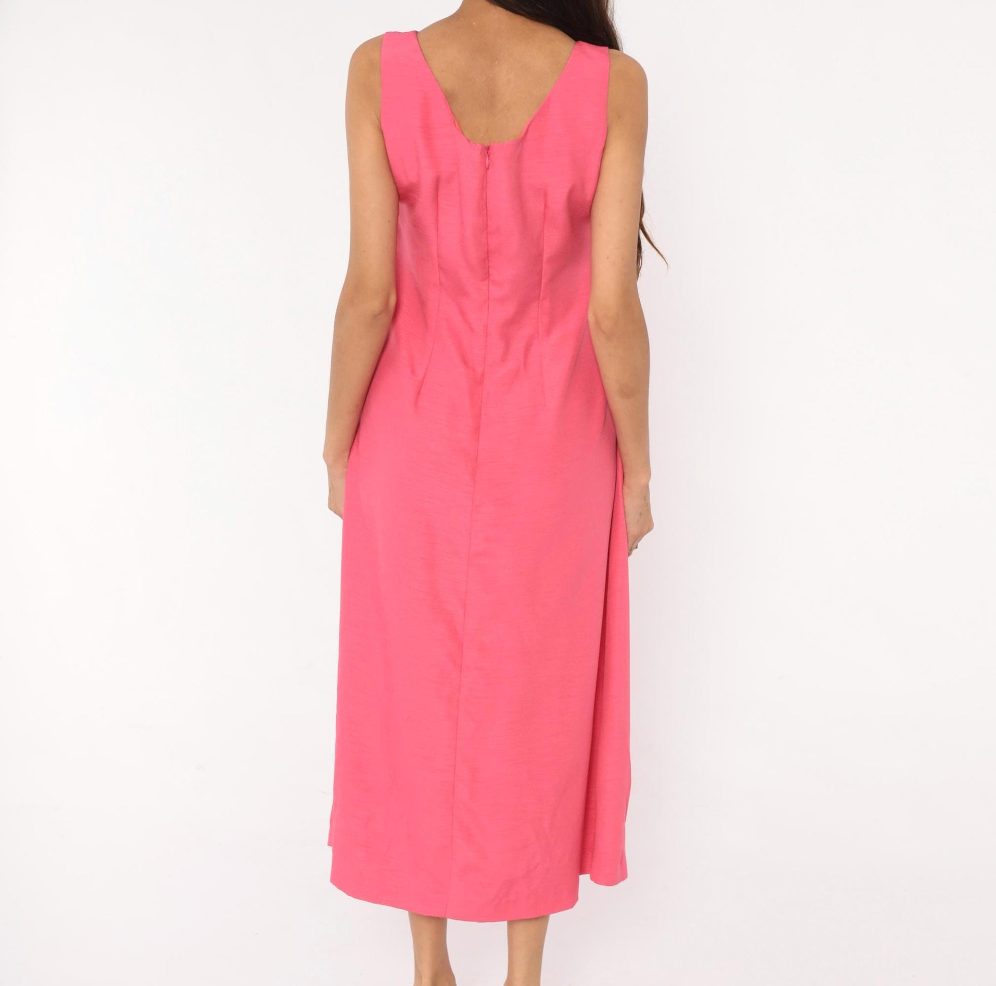 80s Hot Pink Sleeveless Maxi Dress Square Neck Peplum Bow Large L