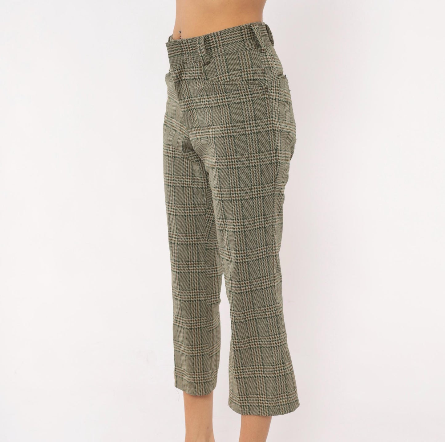 70s Chess Man Glen Plaid Cropped Flare Trousers Olive Tan Extra Small XS