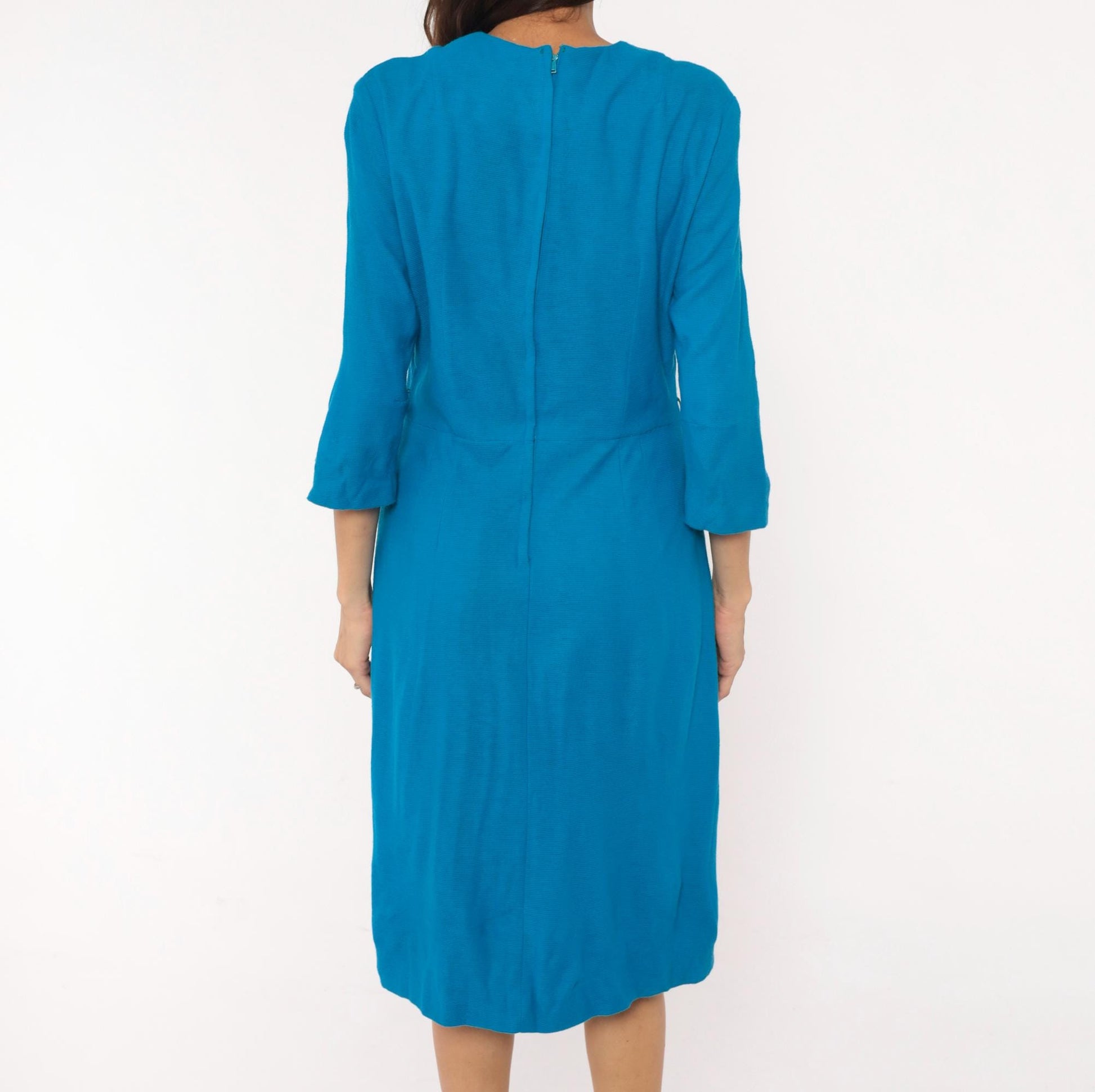 60s Cerulean Blue Sheath Dress Three Quarter Sleeve Chevron Mod Medium M