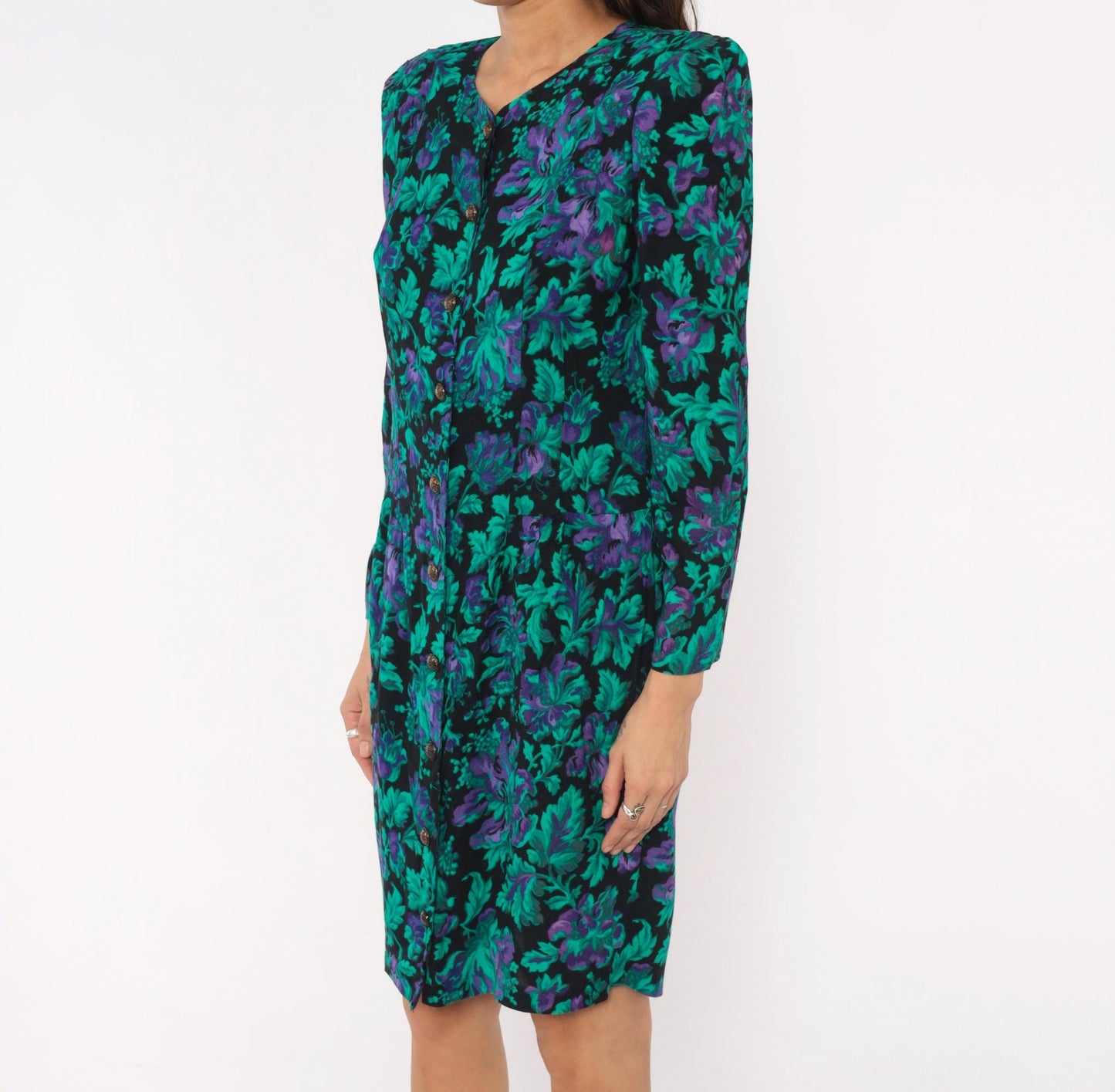 90s Petite Jazz Floral Button-Front Dress Teal Black Botanical Shoulder Pad Large