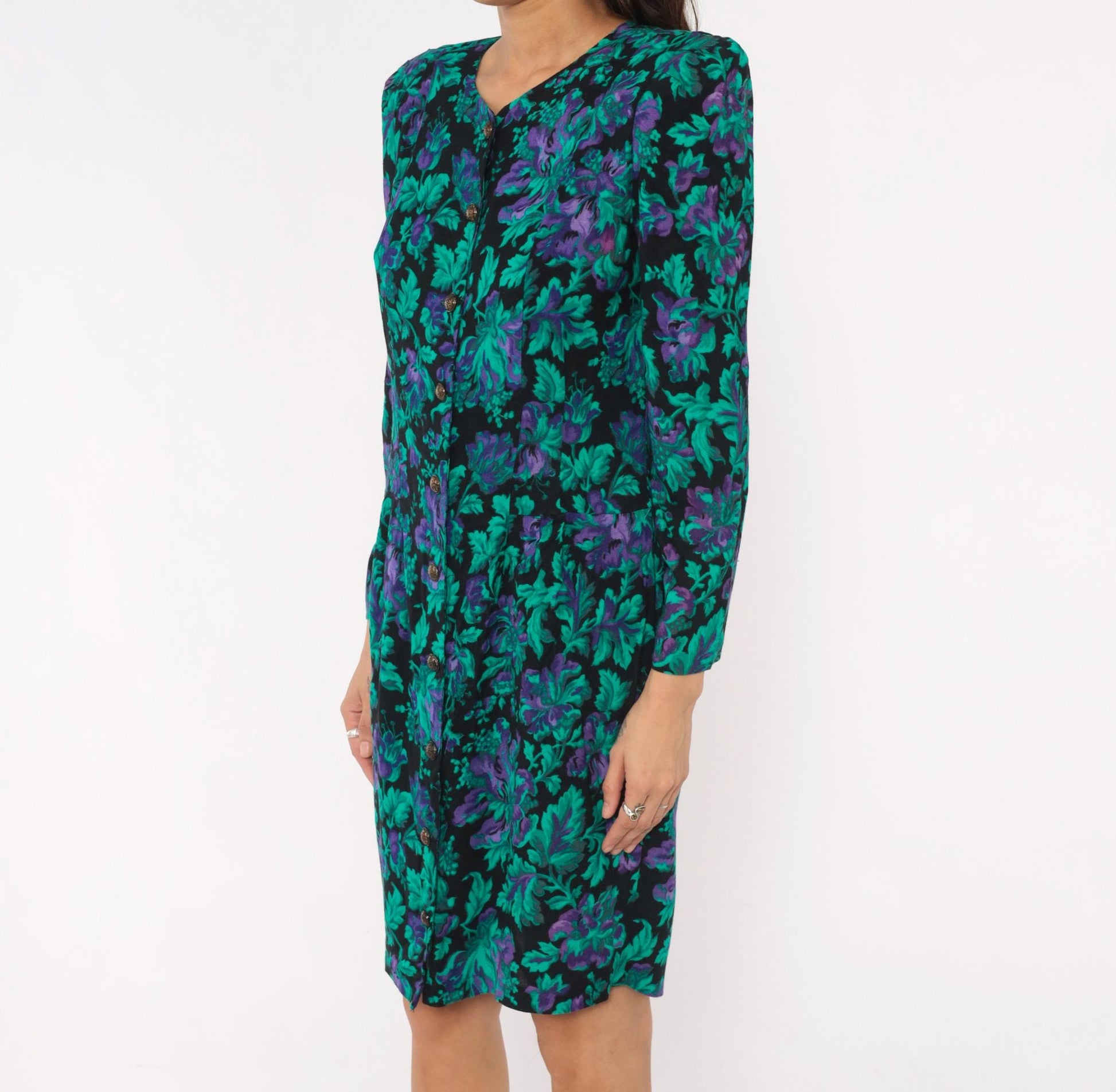 90s Petite Jazz Floral Button-Front Dress Teal Black Botanical Shoulder Pad Large