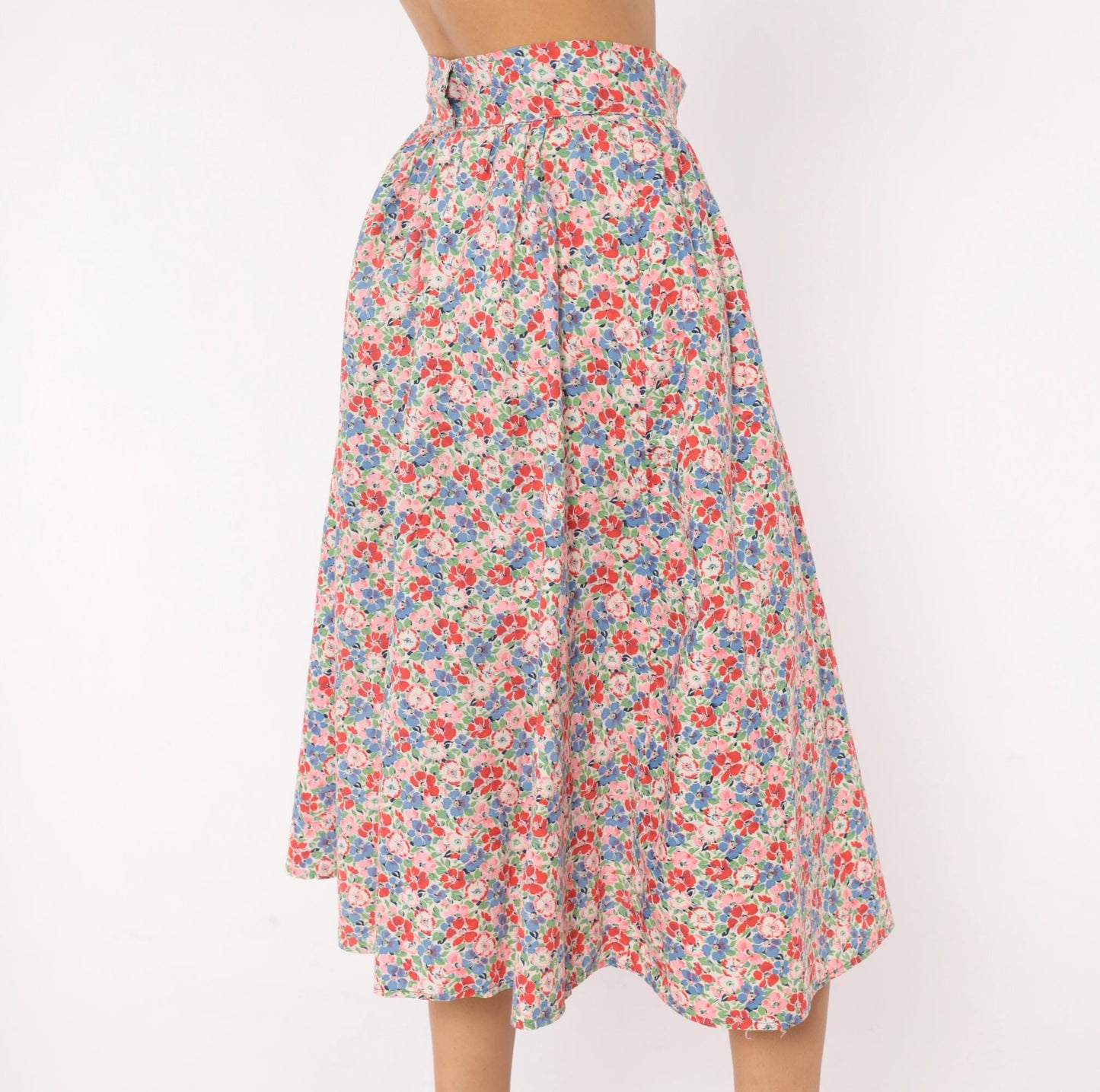 80s Floral Midi Skirt Pink Blue Calico Print High-Rise Pleated Small