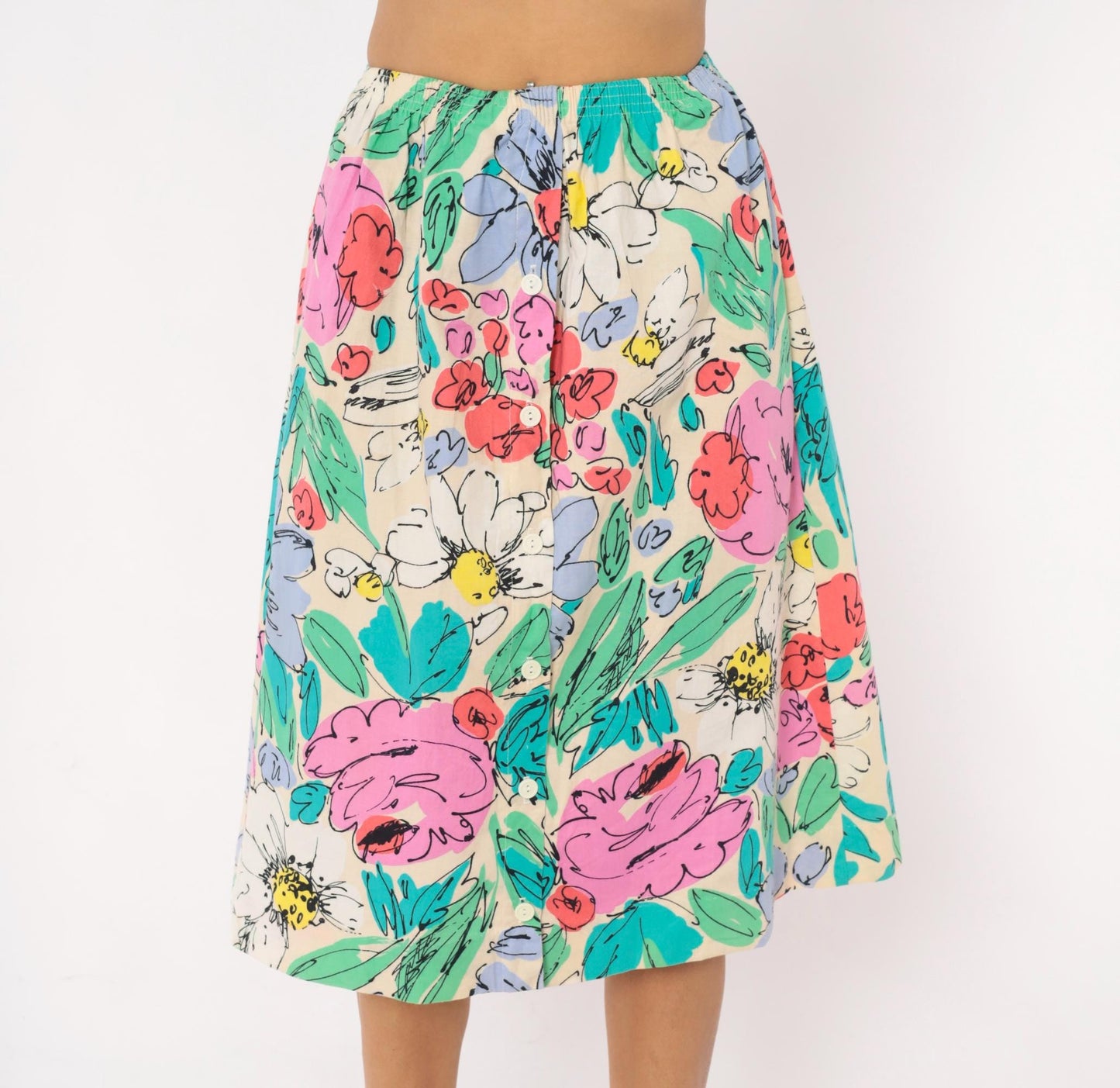 90s Floral Button Front Midi Skirt Cream Watercolor Cotton Small