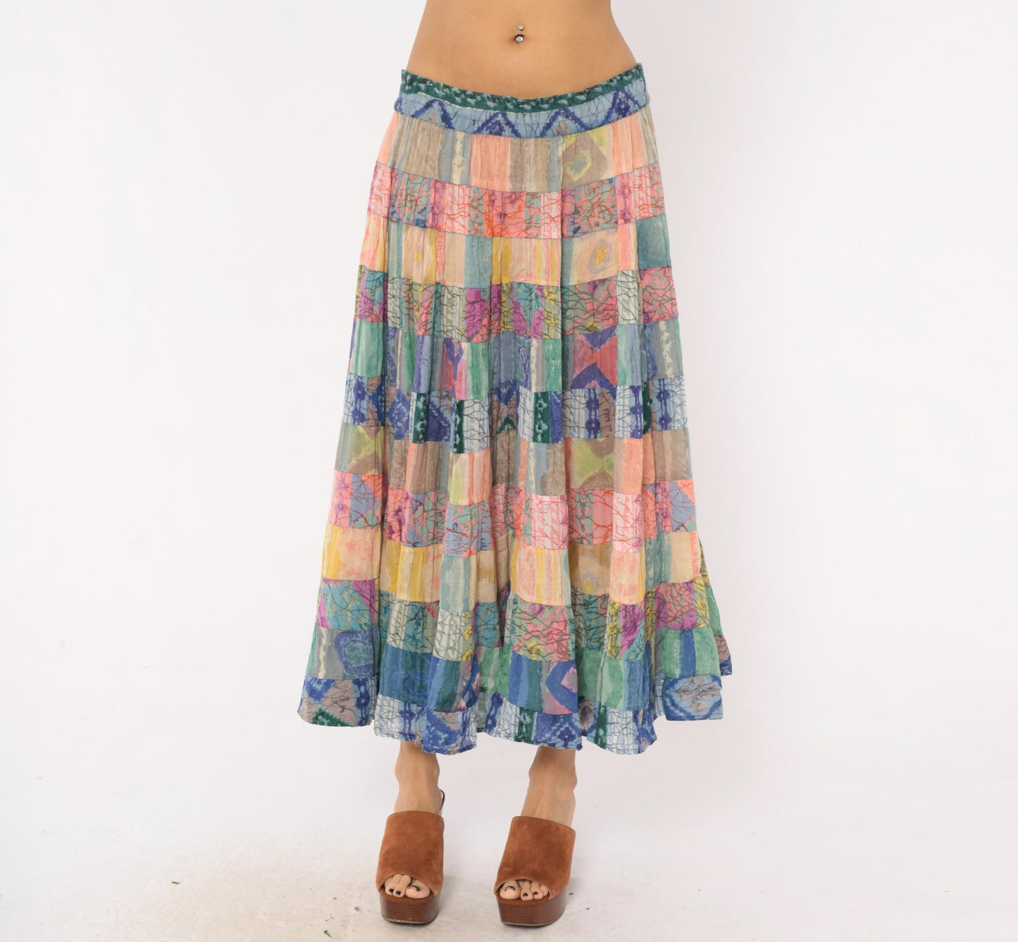 90s Bila California Patchwork Batik Maxi Skirt Tiered Gauze Large