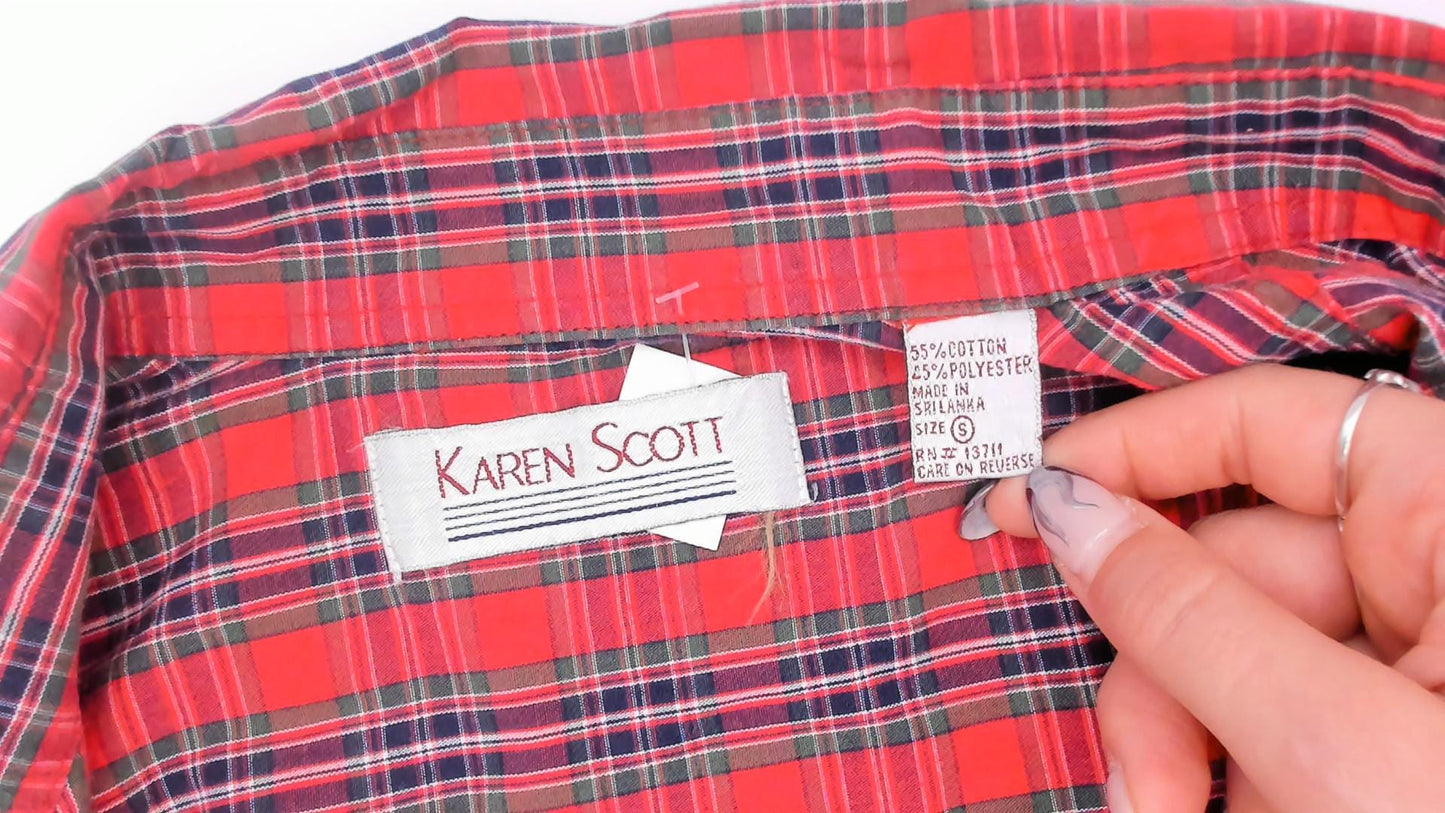 80s Karen Scott Tartan Plaid Button-Up Shirt Red Navy Embroidered Small